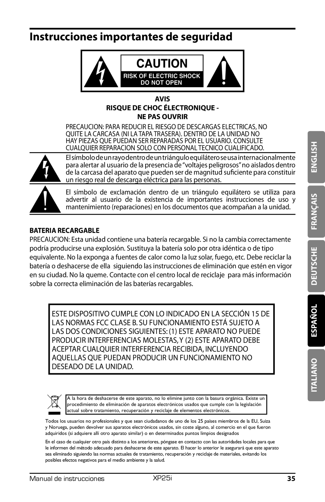 Samson XP25I owner manual Instrucciones importantes de seguridad, Bateria Recargable 