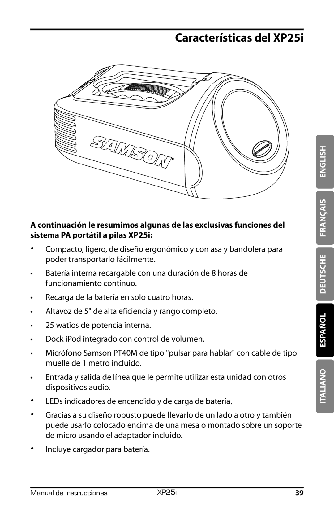 Samson XP25I owner manual Características del XP25i 