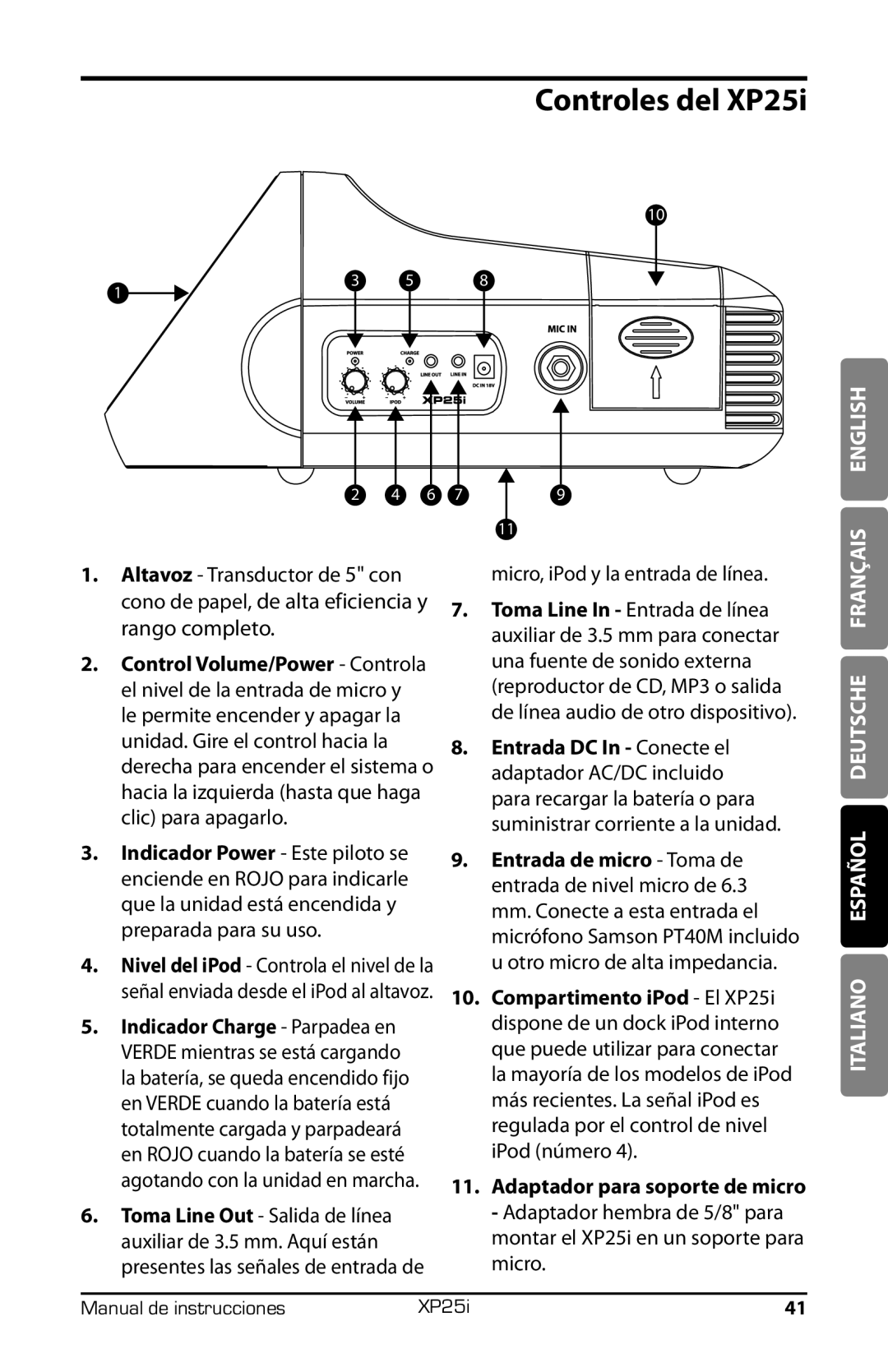 Samson XP25I owner manual Controles del XP25i, Micro, iPod y la entrada de línea 