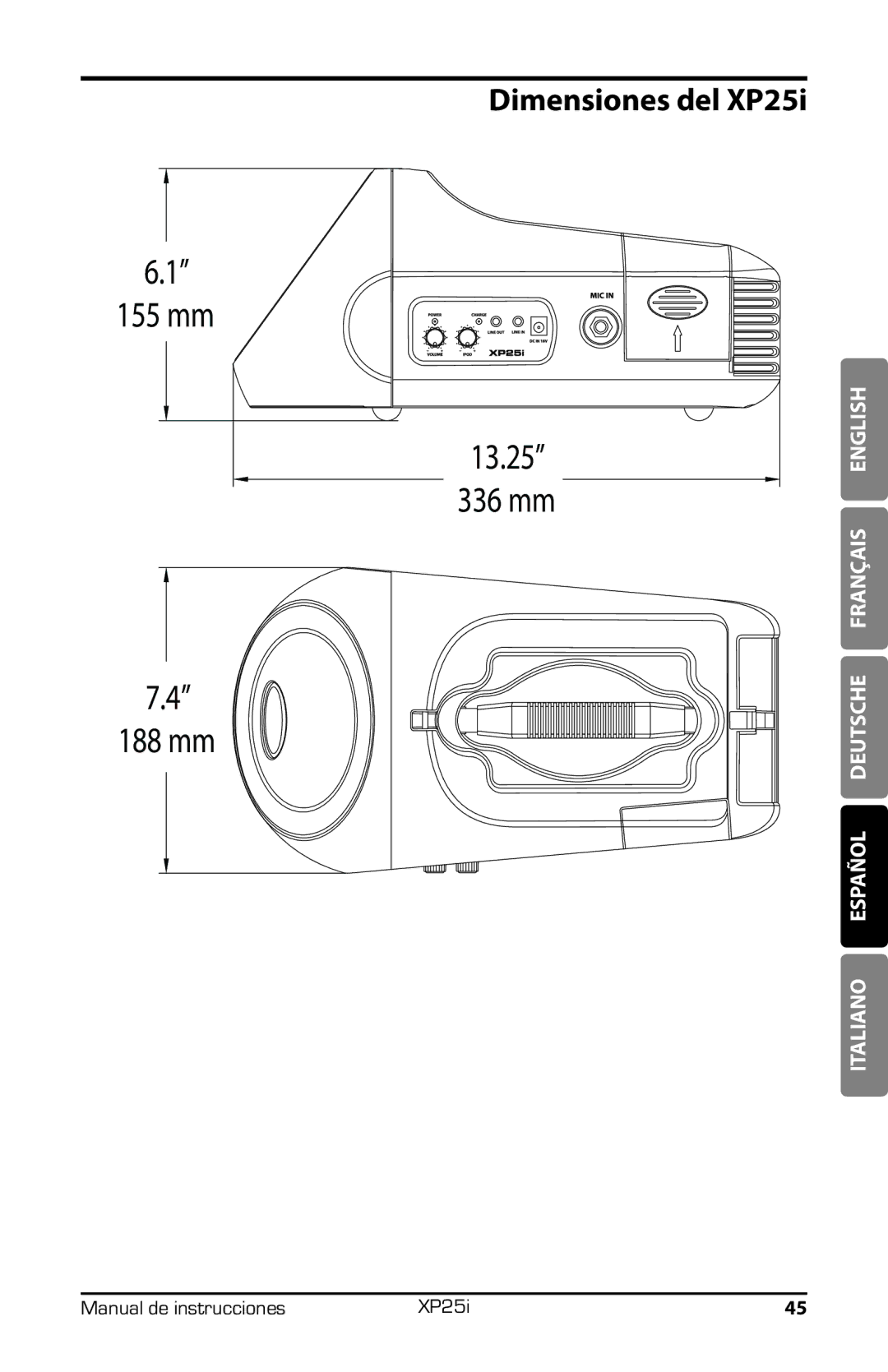 Samson XP25I owner manual Dimensiones del XP25i 