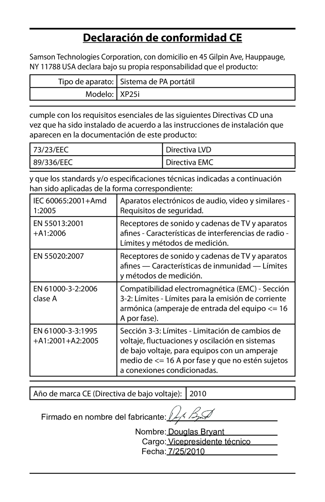 Samson XP25I owner manual Declaración de conformidad CE, Límites y métodos de medición 