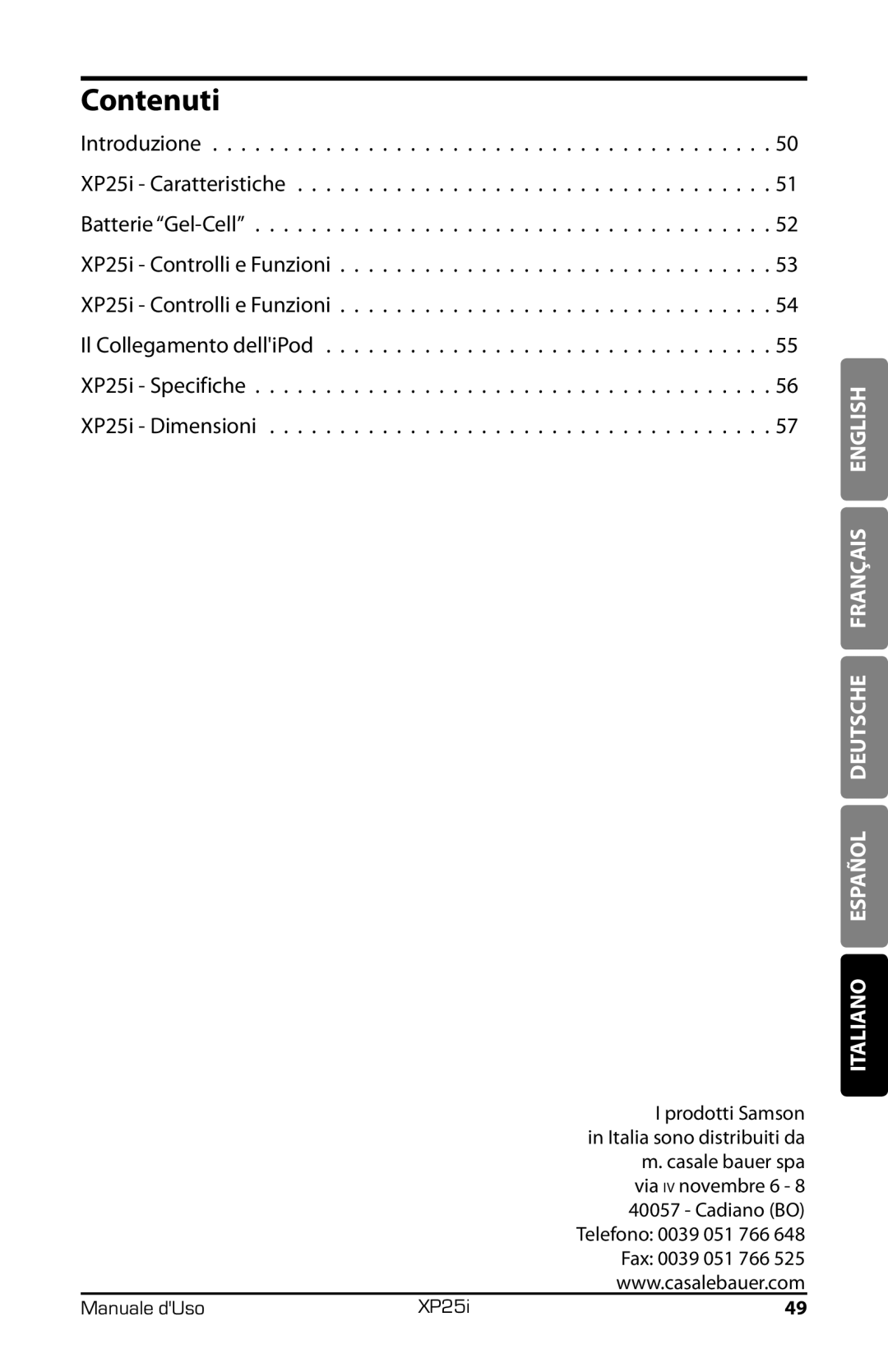 Samson XP25I owner manual Contenuti 