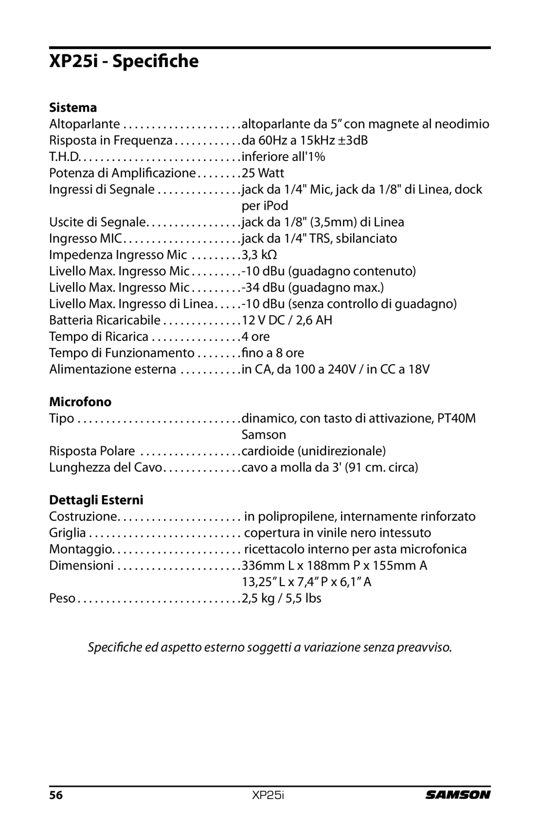 Samson XP25I owner manual XP25i Specifiche, Microfono 