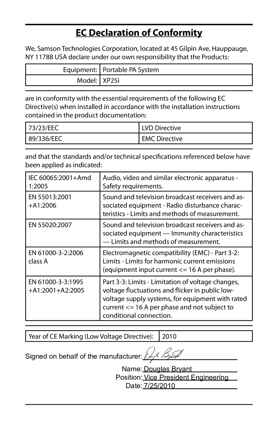 Samson XP25I owner manual EC Declaration of Conformity 