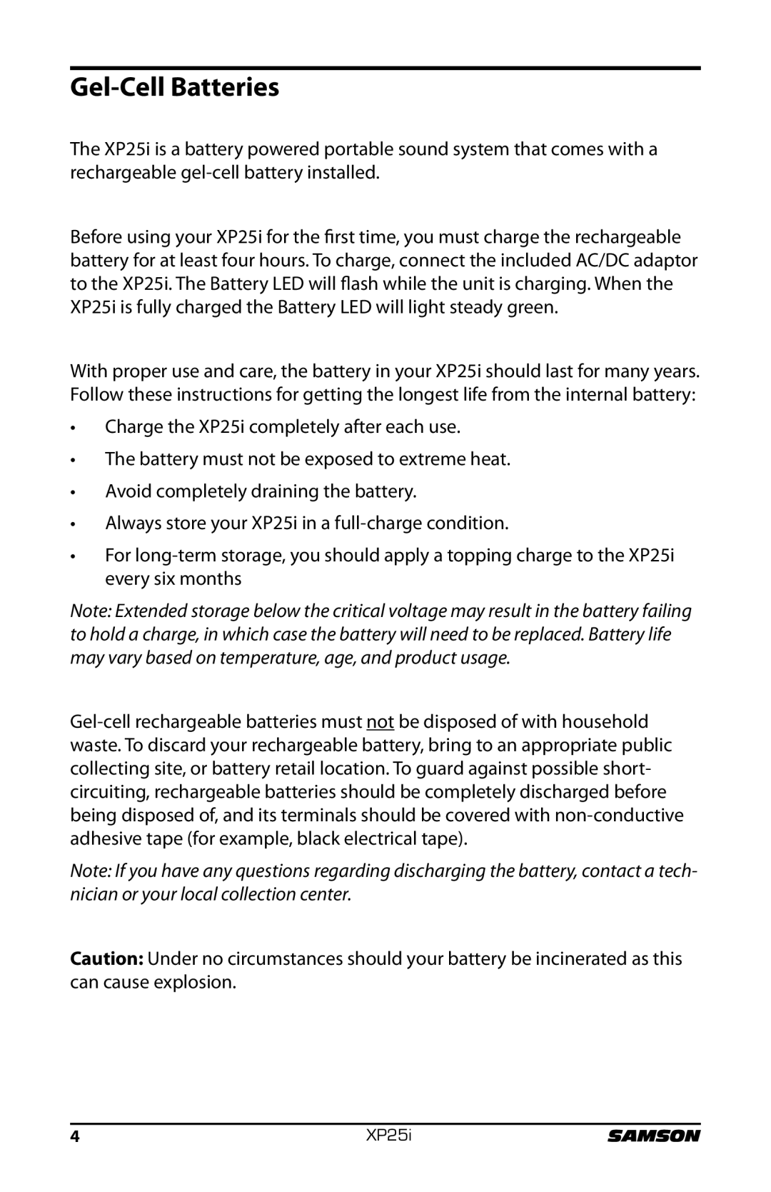 Samson XP25I owner manual Gel-Cell Batteries 