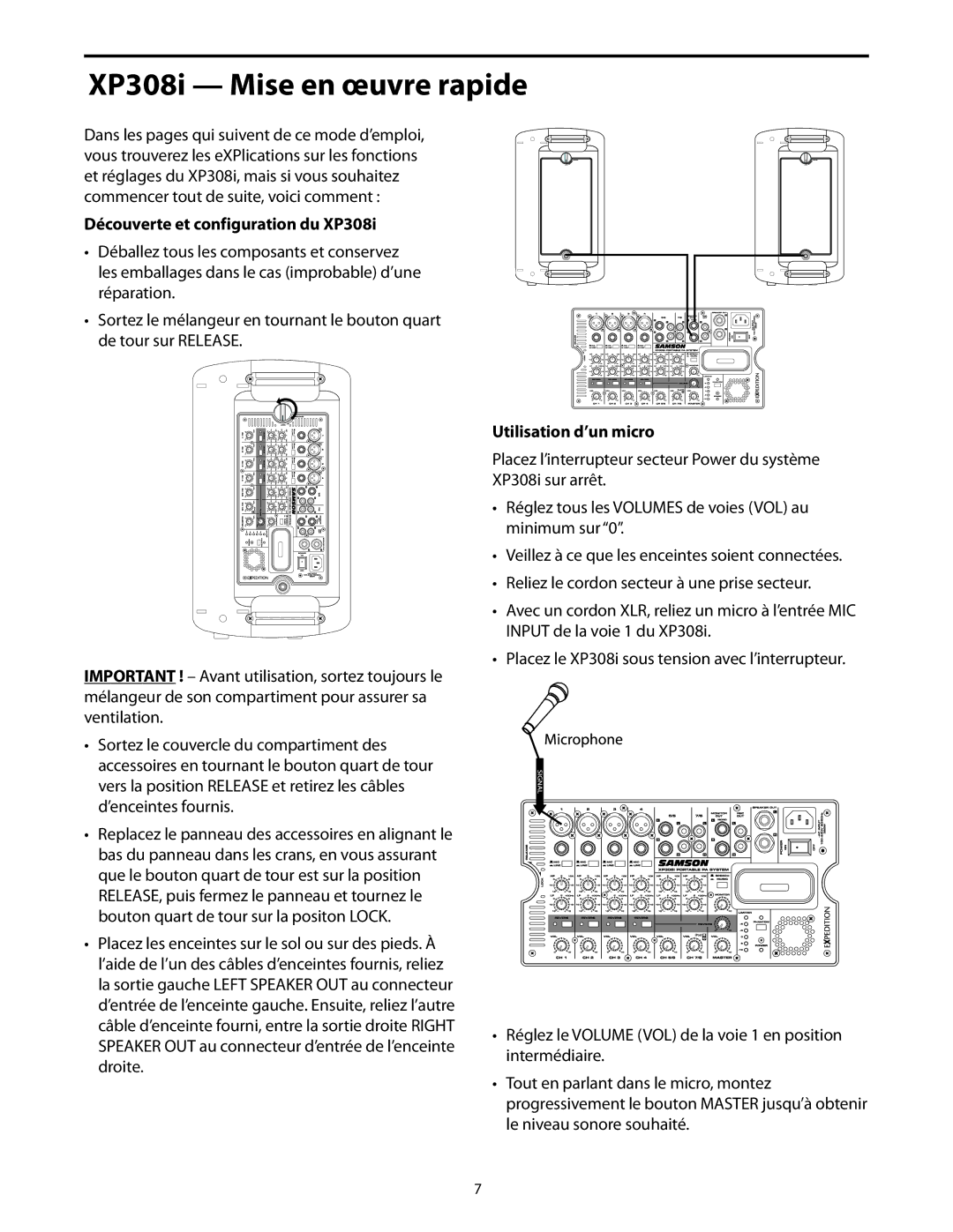 Samson manual XP308i Mise en œuvre rapide, Découverte et configuration du XP308i, Utilisation d’un micro 