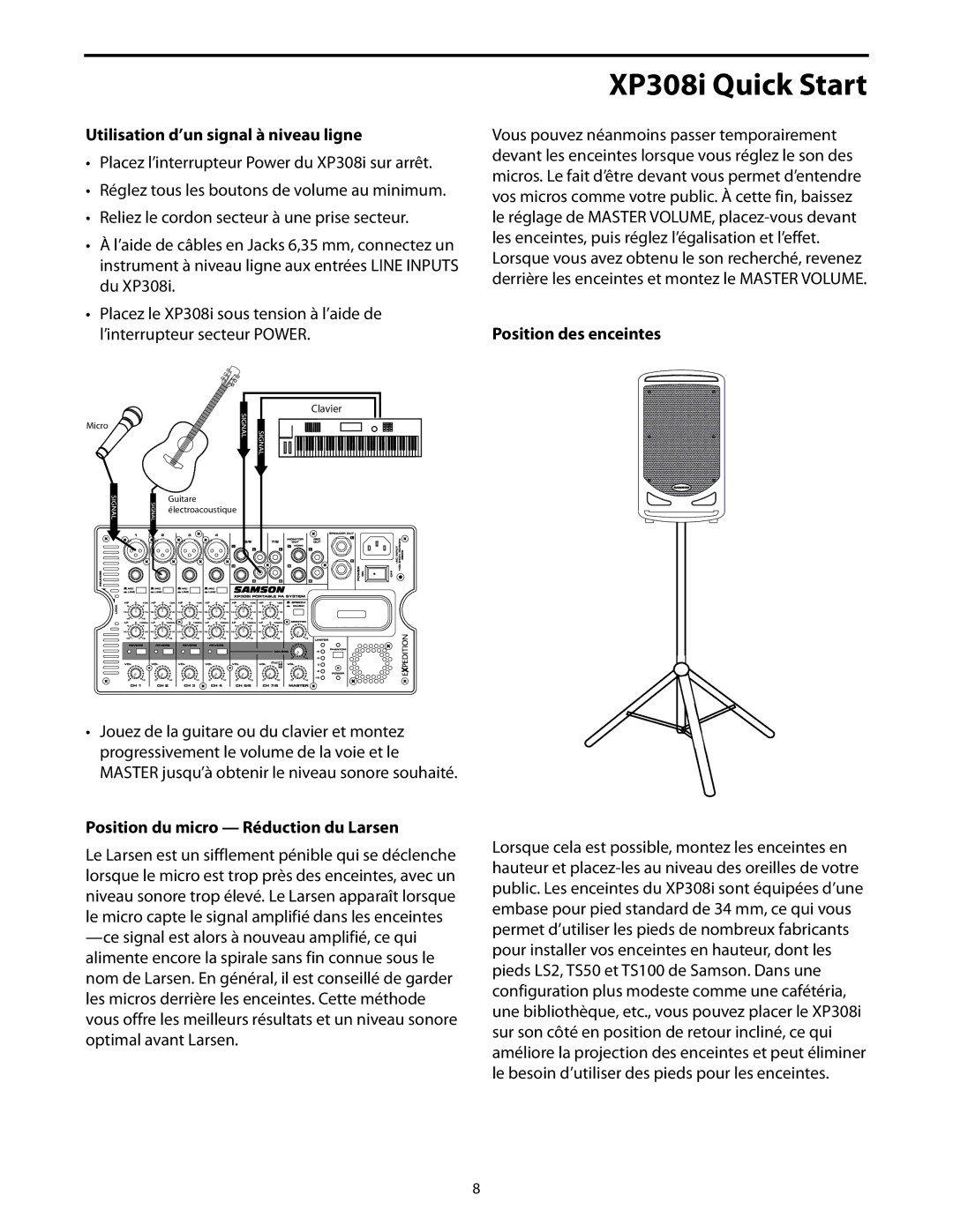 Samson manual XP308i Quick Start, Utilisation d’un signal à niveau ligne, Position des enceintes 