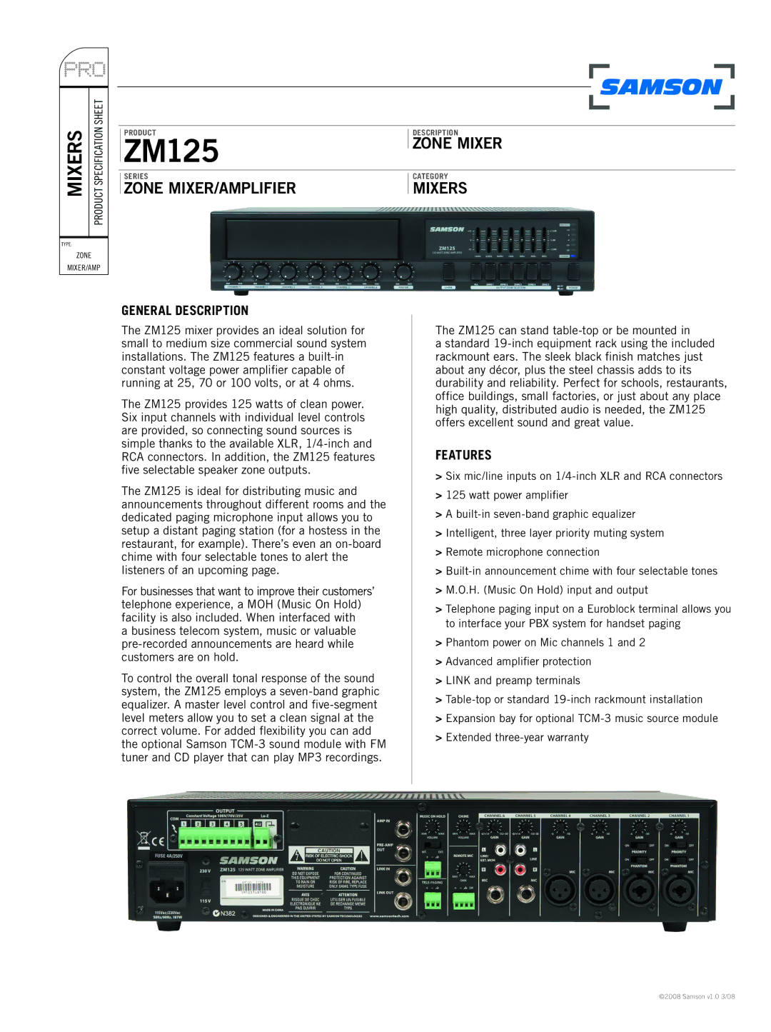 Samson ZM125 specifications Zone MIXER/AMPLIFIER, Mixers, General Description, Features 