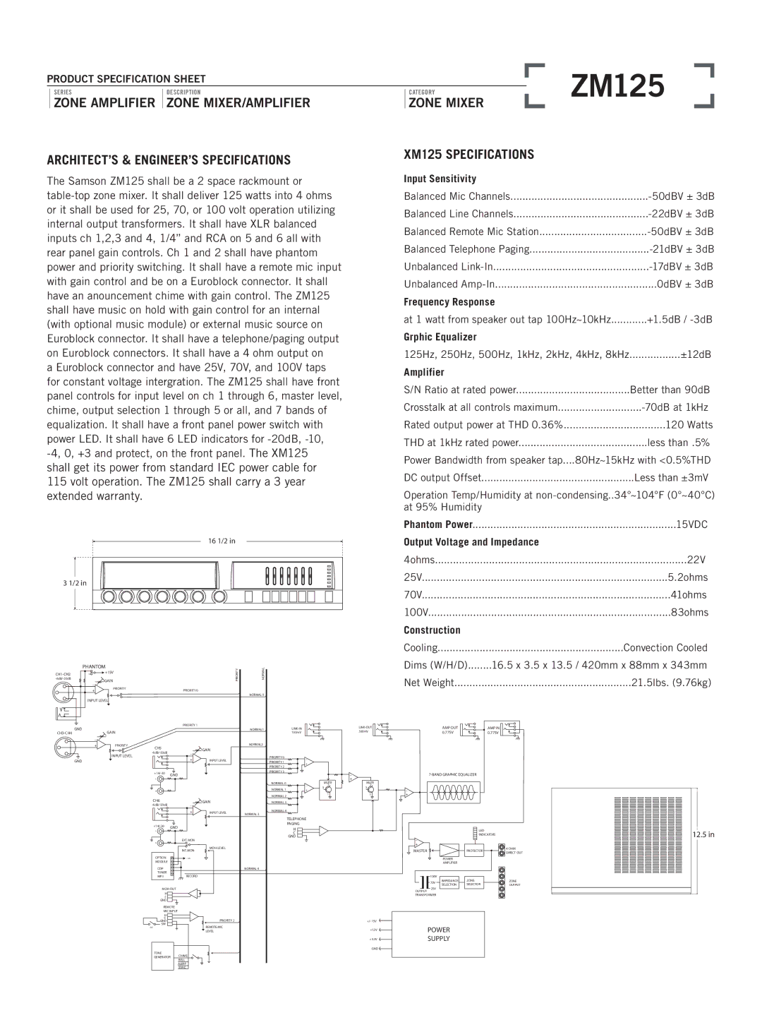 Samson ZM125 specifications ARCHITECT’S & ENGINEER’S Specifications, XM125 Specifications 