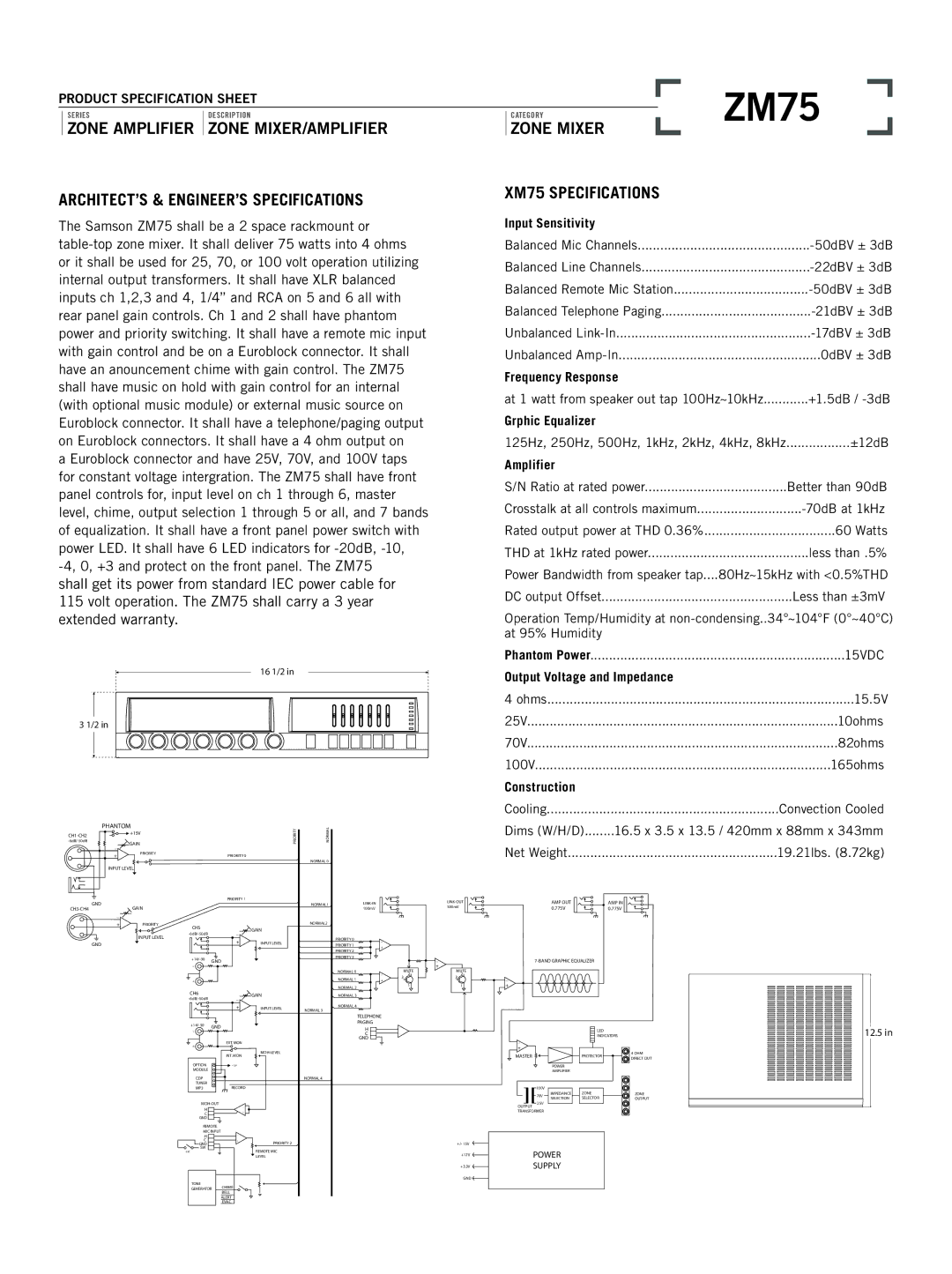 Samson ZM75 specifications ARCHITECT’S & ENGINEER’S Specifications, XM75 Specifications 