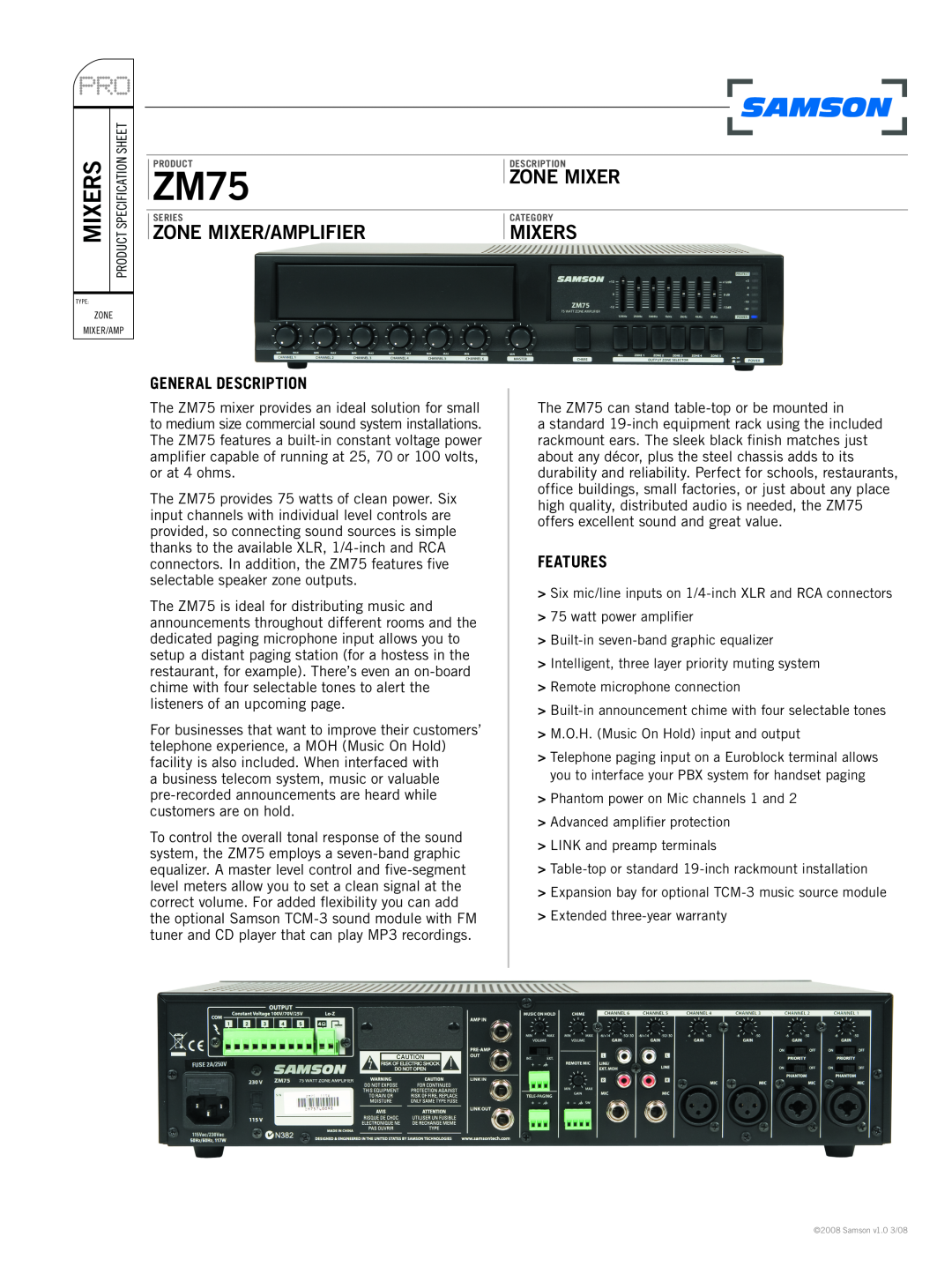 Samson ZM75 specifications General Description, Features, Zone Mixer/Amplifier, Mixers 