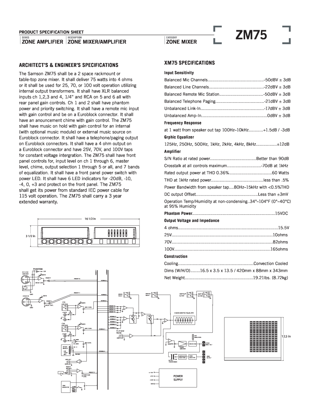 Samson ZM75 Architect’S & Engineer’S Specifications, XM75 SPECIFICATIONS, Zone Amplifier, Zone Mixer/Amplifier 