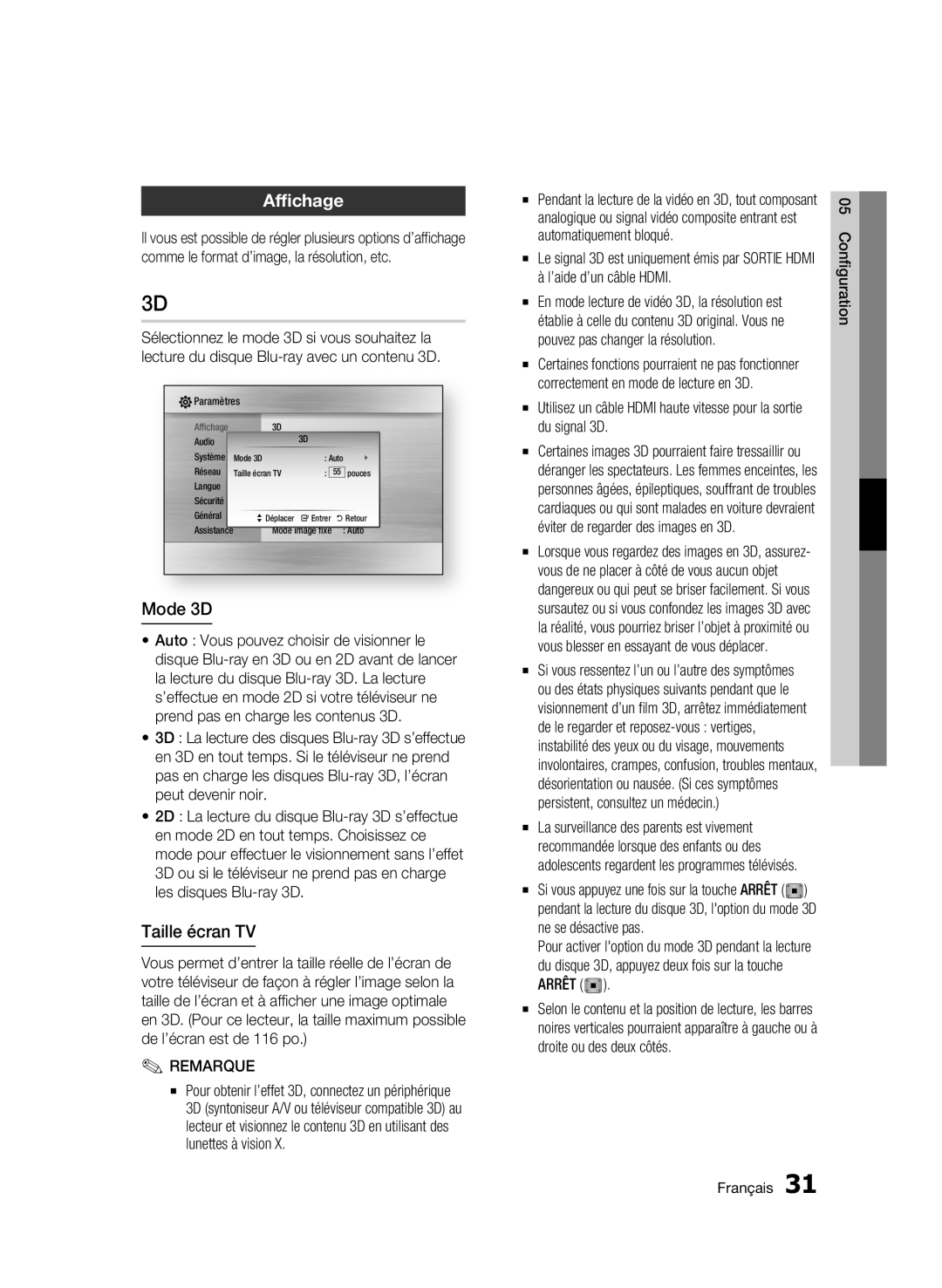 Samsung 01945B-BD-C6900-XAC-0223 user manual Affichage, Mode 3D, Taille écran TV 