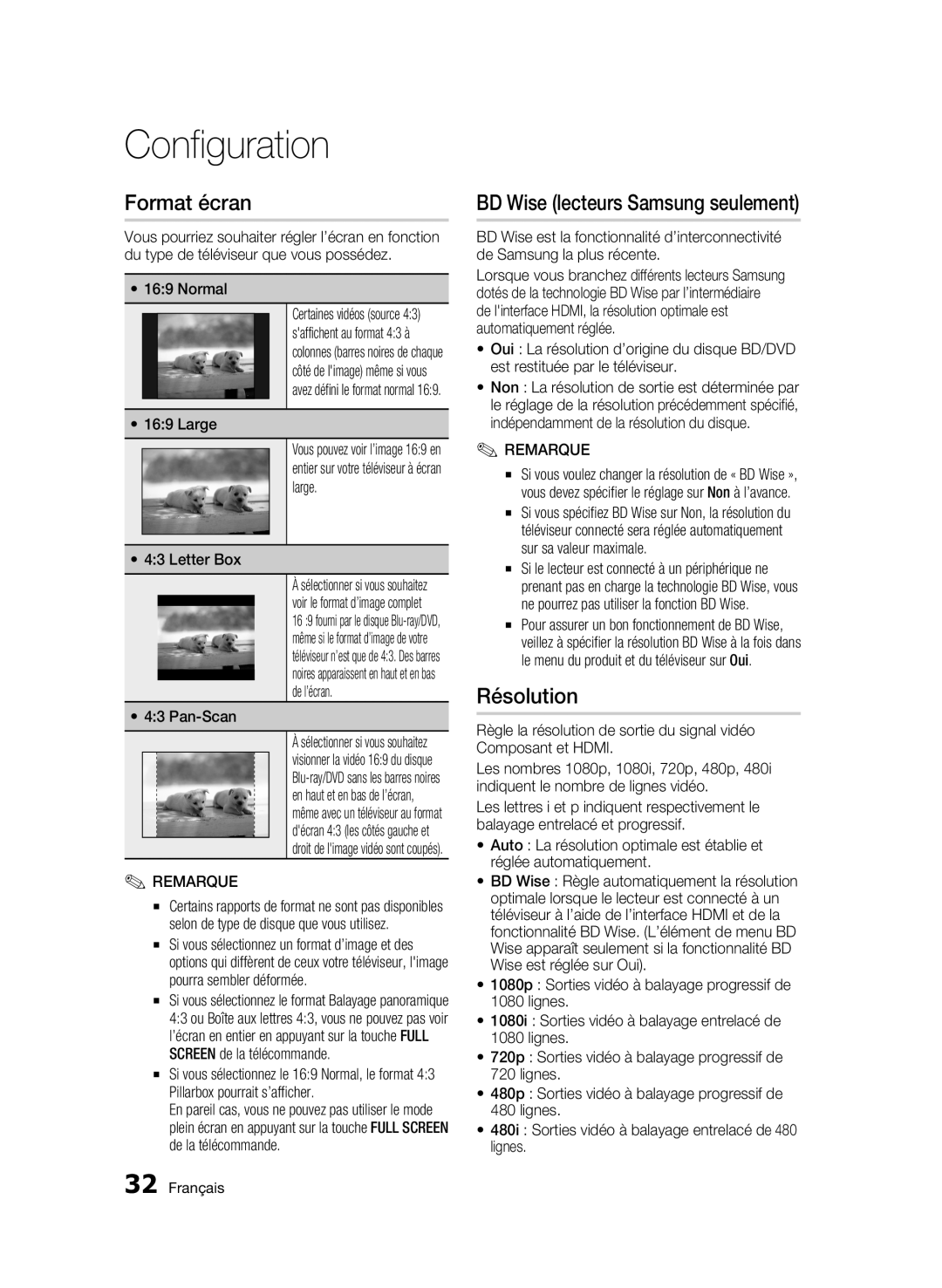 Samsung 01945B-BD-C6900-XAC-0223 user manual Format écran, BD Wise lecteurs Samsung seulement, Résolution, Large 