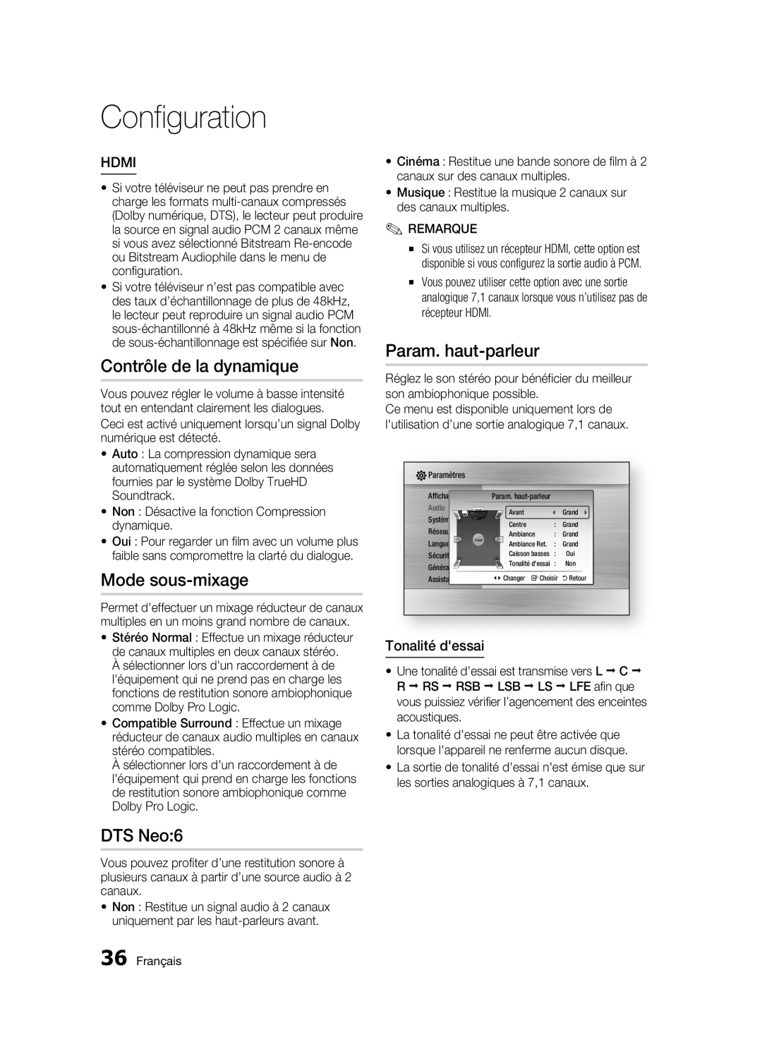 Samsung 01945B-BD-C6900-XAC-0223 Contrôle de la dynamique, Param. haut-parleur, Mode sous-mixage, Tonalité dessai 