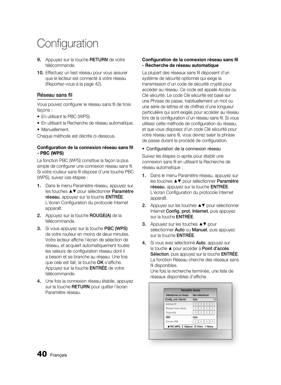 Samsung 01945B-BD-C6900-XAC-0223 user manual Réseau sans fil, Appuyez sur la touche Return de votre télécommande 