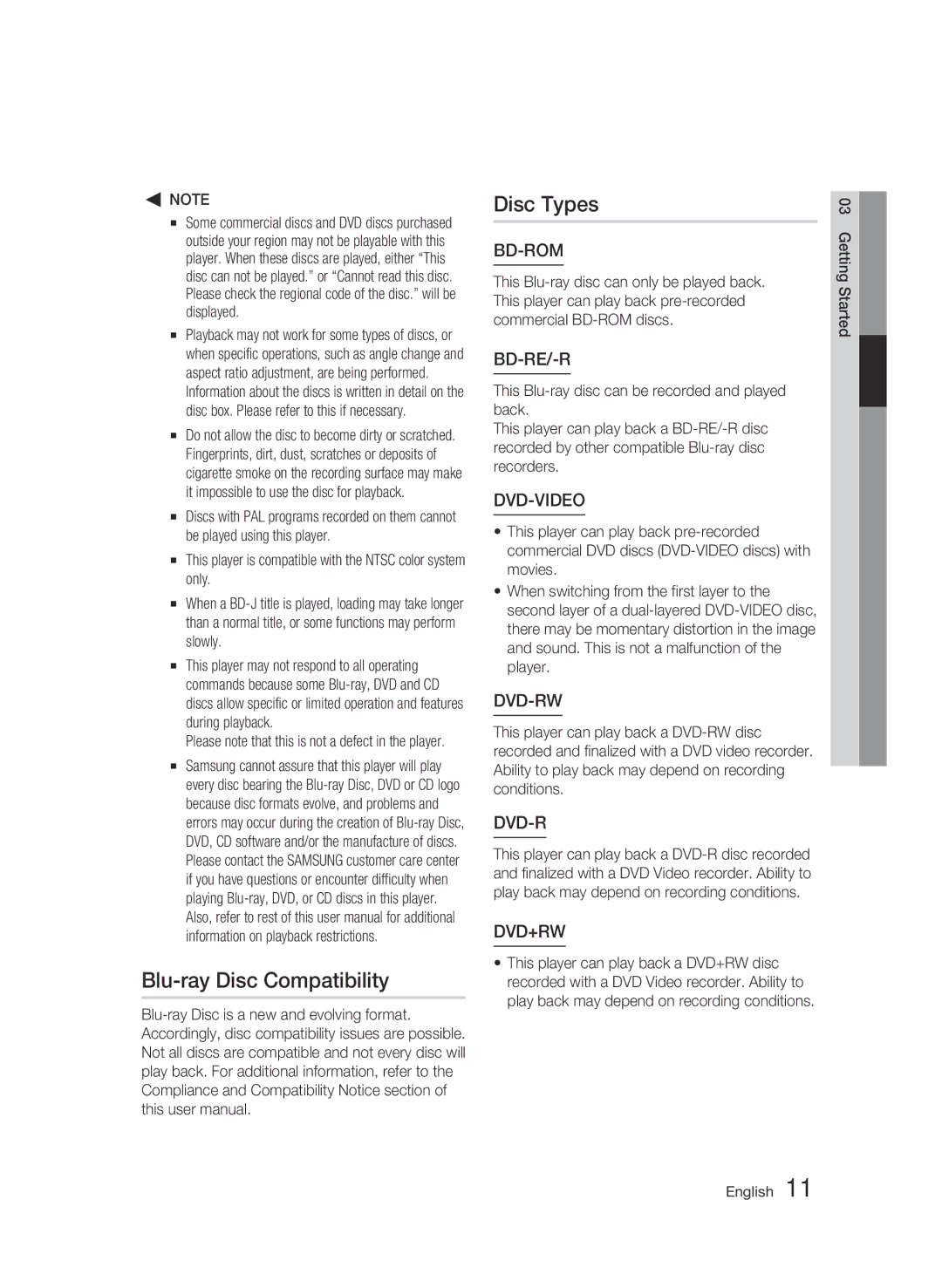 Samsung 01945B-BD-C6900-XAC-0223 user manual Blu-ray Disc Compatibility Disc Types, Bd-Rom 