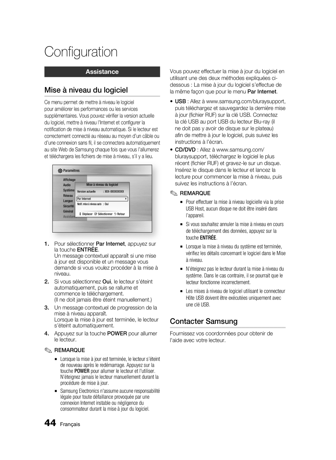 Samsung 01945B-BD-C6900-XAC-0223 user manual Mise à niveau du logiciel, Contacter Samsung, Assistance 