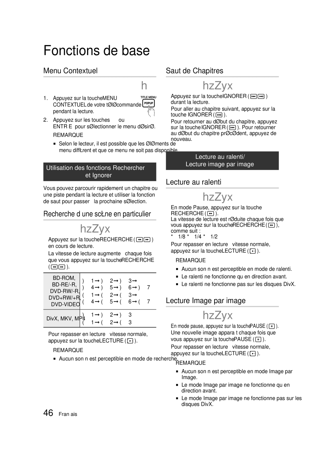 Samsung 01945B-BD-C6900-XAC-0223 Menu Contextuel, Saut de Chapitres, Lecture au ralenti, Lecture Image par image 