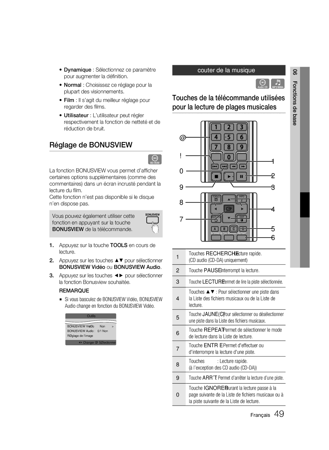 Samsung 01945B-BD-C6900-XAC-0223 user manual Réglage de Bonusview, Écouter de la musique 