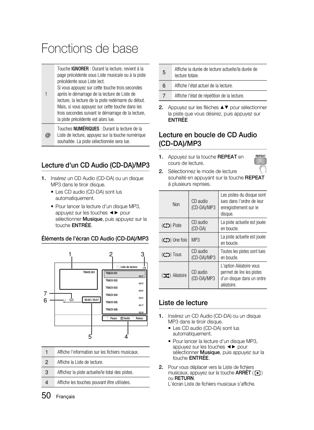 Samsung 01945B-BD-C6900-XAC-0223 user manual Lecture en boucle de CD Audio CD-DA/MP3, Liste de lecture 