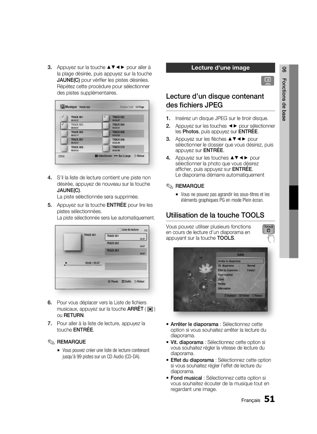 Samsung 01945B-BD-C6900-XAC-0223 Lecture d’un disque contenant des fichiers Jpeg, Utilisation de la touche Tools 