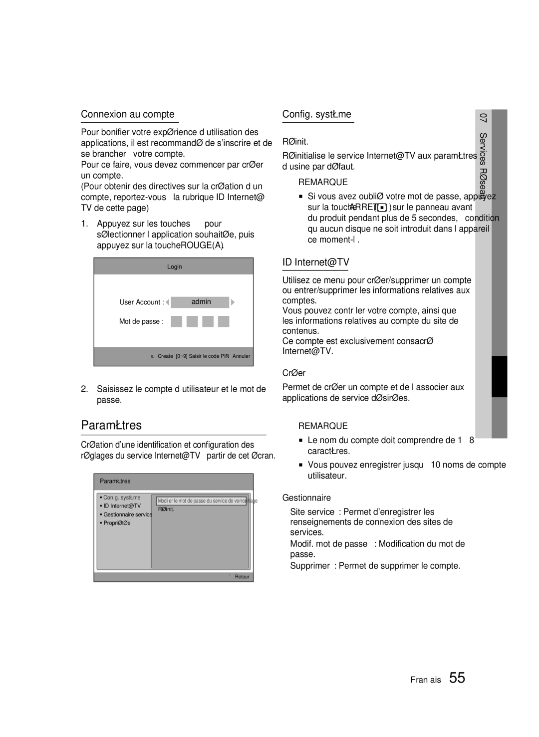 Samsung 01945B-BD-C6900-XAC-0223 user manual Paramètres, Connexion au compte, Config. système, ID Internet@TV 