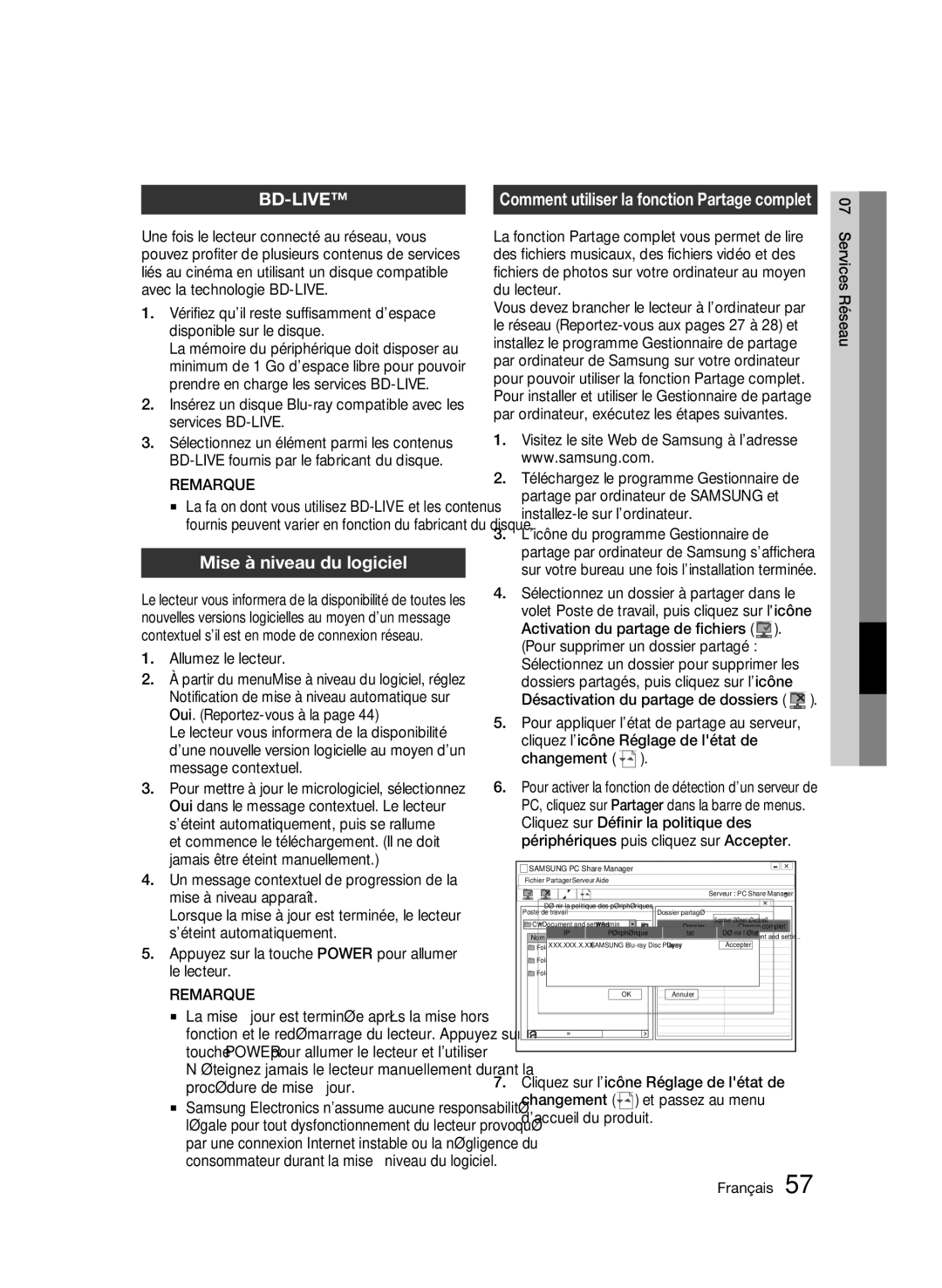 Samsung 01945B-BD-C6900-XAC-0223 user manual Mise à niveau du logiciel, Allumez le lecteur, Du lecteur 