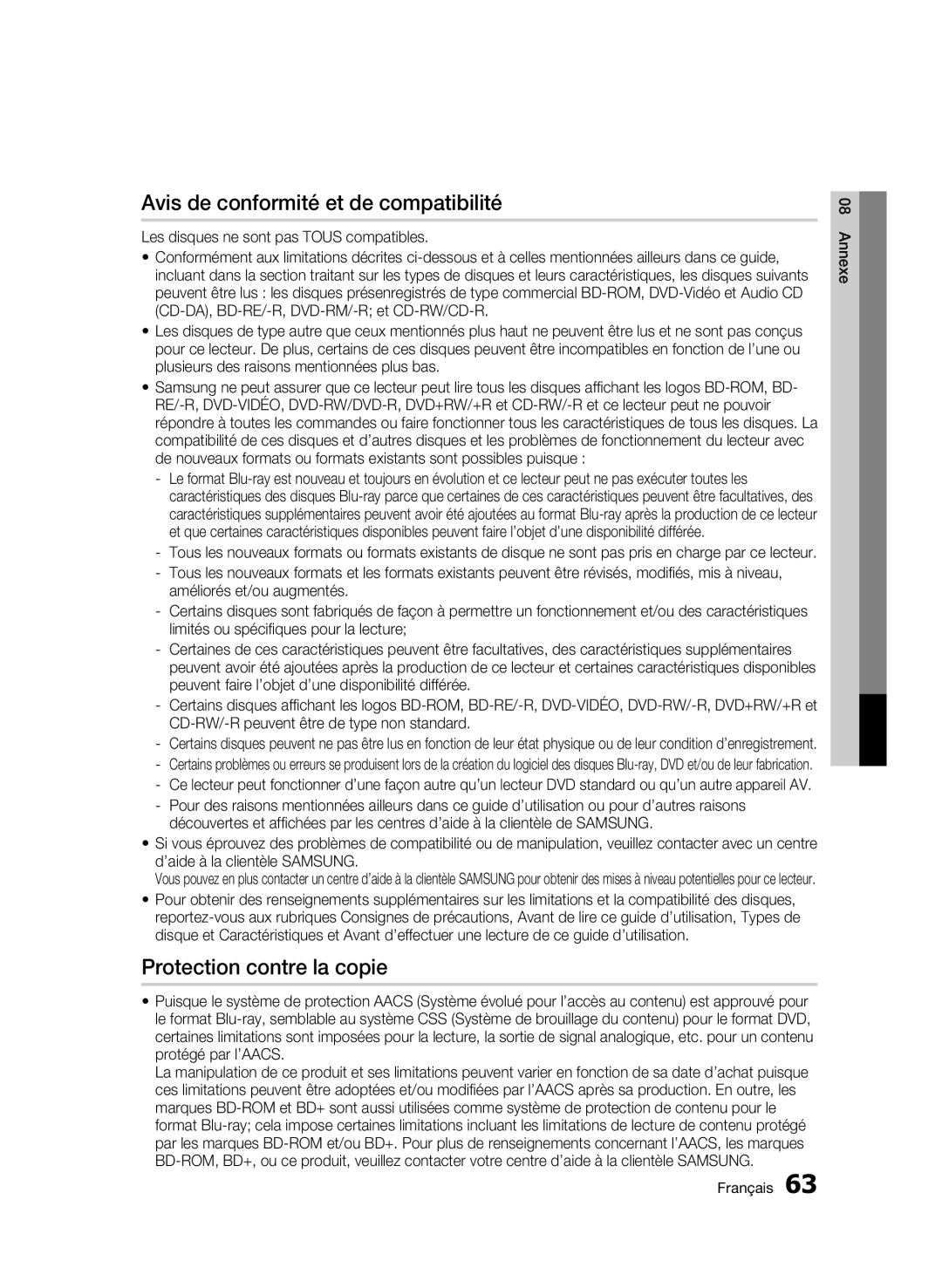 Samsung 01945B-BD-C6900-XAC-0223 user manual Avis de conformité et de compatibilité, Protection contre la copie 