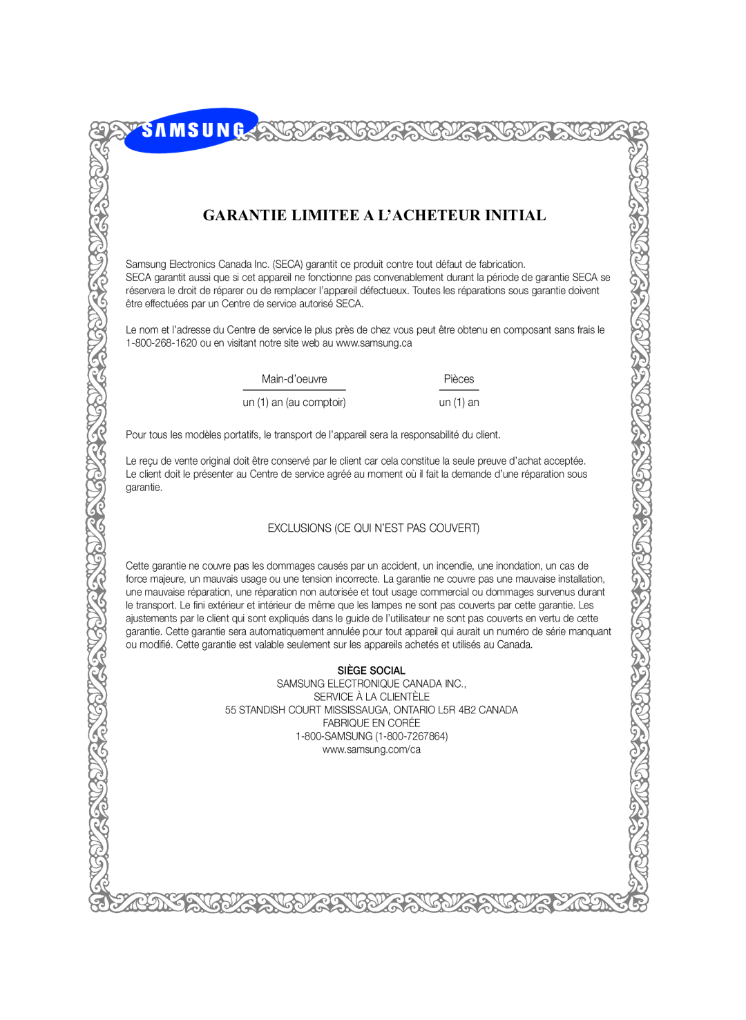 Samsung 01945B-BD-C6900-XAC-0223 user manual Garantie Limitee a L’ACHETEUR Initial 