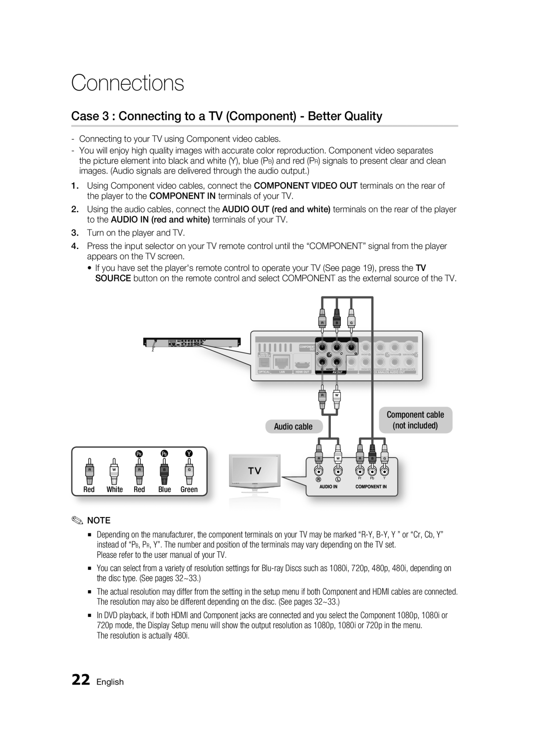 Samsung 01945B-BD-C6900-XAC-0223 user manual Case 3 Connecting to a TV Component Better Quality, Resolution is actually 