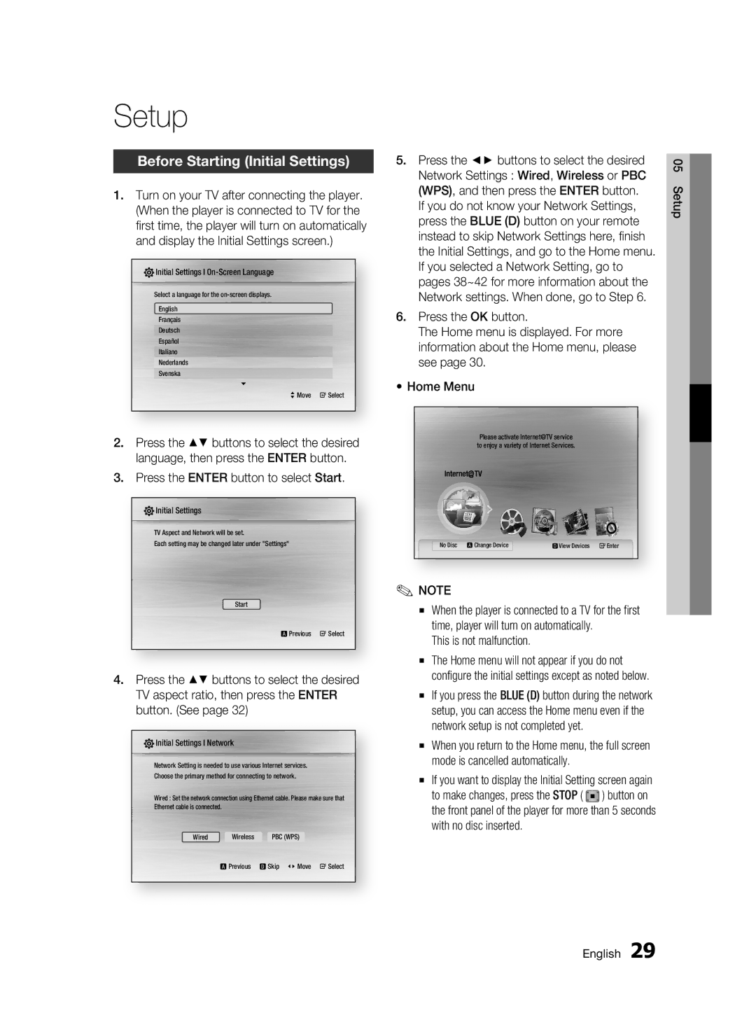 Samsung 01945B-BD-C6900-XAC-0223 Setup, Before Starting Initial Settings, Press the Enter button to select Start 