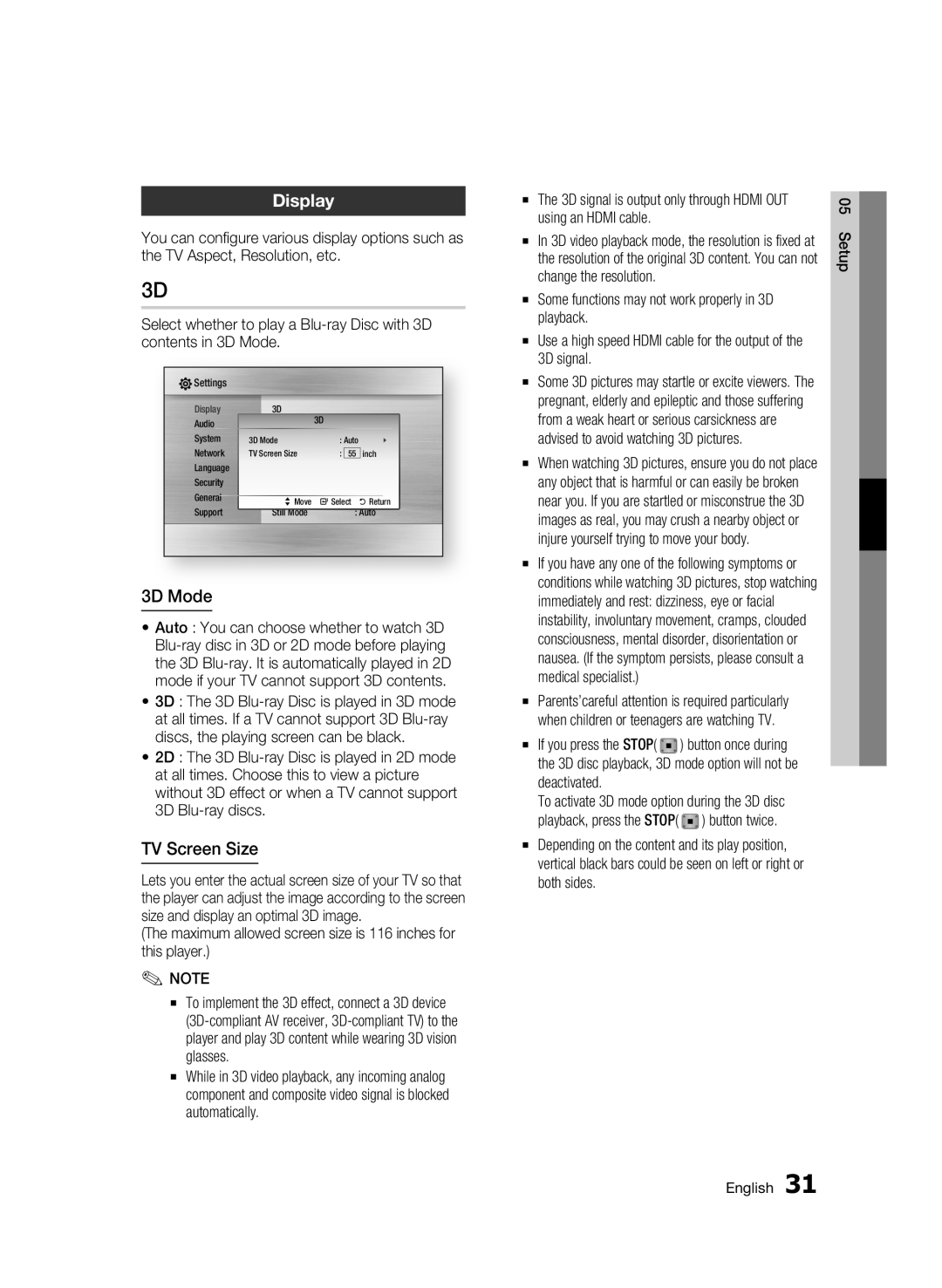 Samsung 01945B-BD-C6900-XAC-0223 user manual Display, 3D Mode, TV Screen Size 