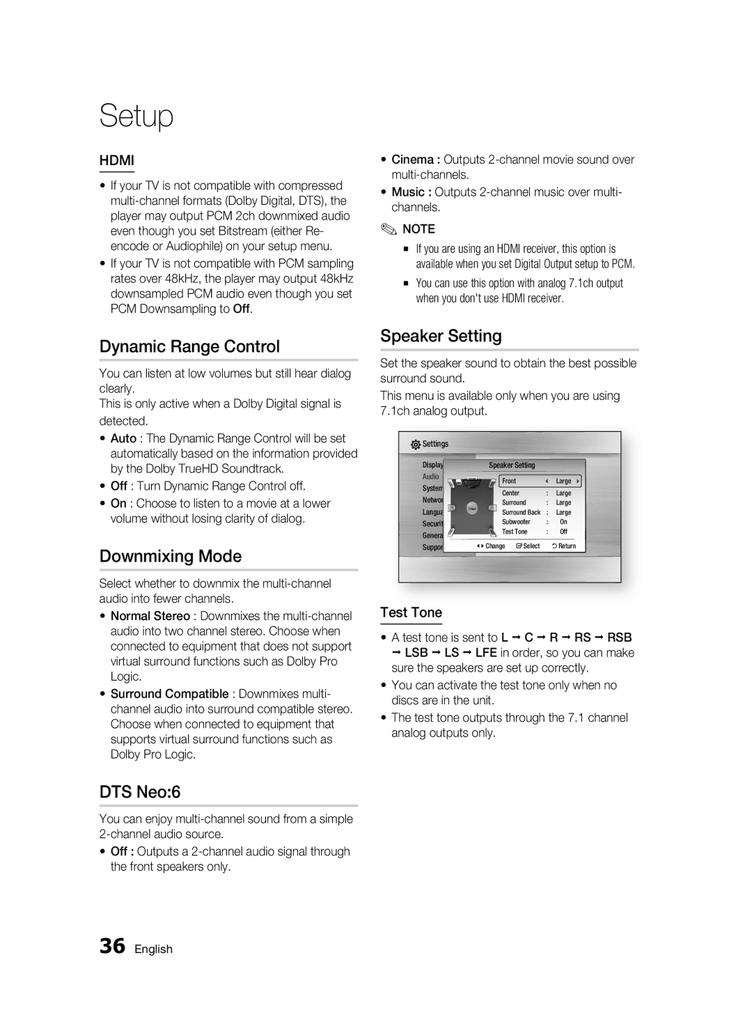 Samsung 01945B-BD-C6900-XAC-0223 user manual Dynamic Range Control, Downmixing Mode, DTS Neo6, Speaker Setting, Test Tone 