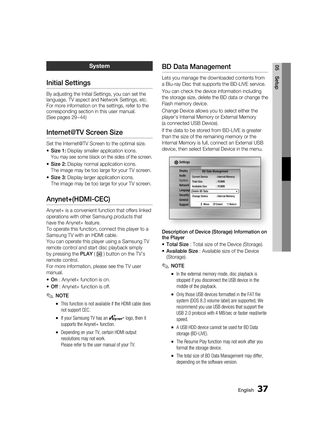 Samsung 01945B-BD-C6900-XAC-0223 Initial Settings, Internet@TV Screen Size, Anynet+HDMI-CEC, BD Data Management, System 