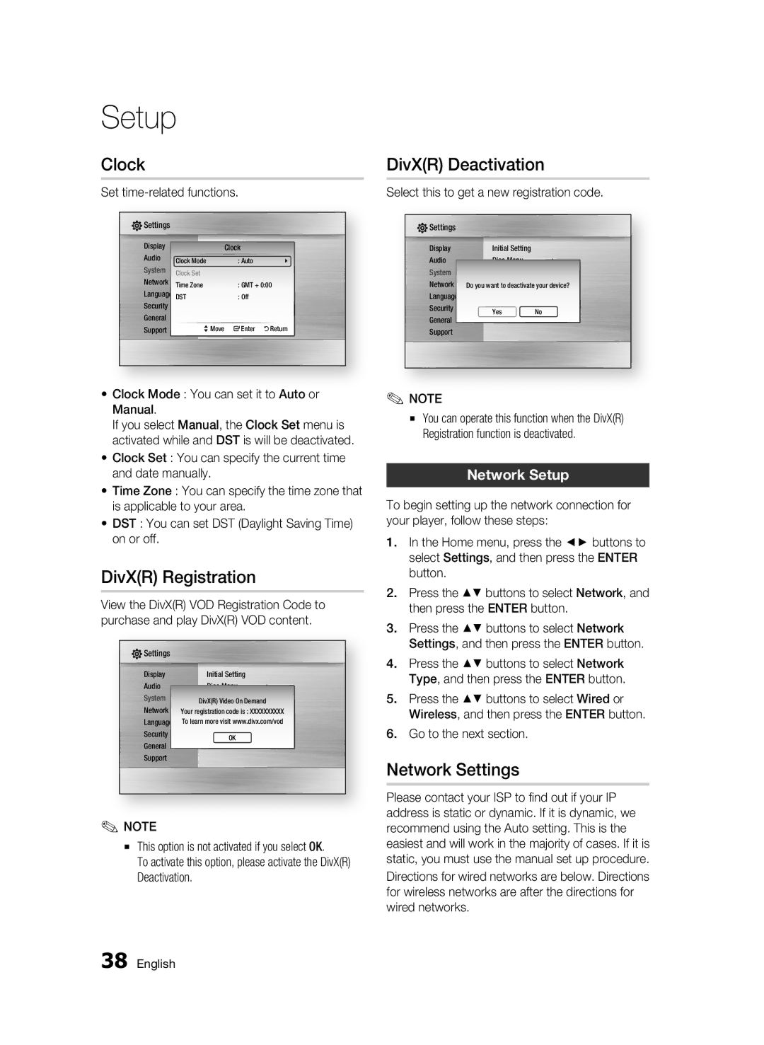 Samsung 01945B-BD-C6900-XAC-0223 user manual Clock, DivXR Registration, DivXR Deactivation, Network Settings, Network Setup 