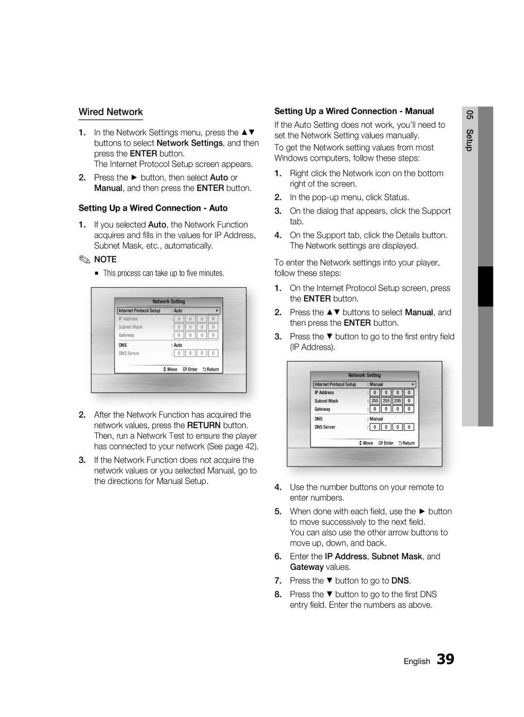 Samsung 01945B-BD-C6900-XAC-0223 Wired Network, Setting Up a Wired Connection Auto, Setting Up a Wired Connection Manual 