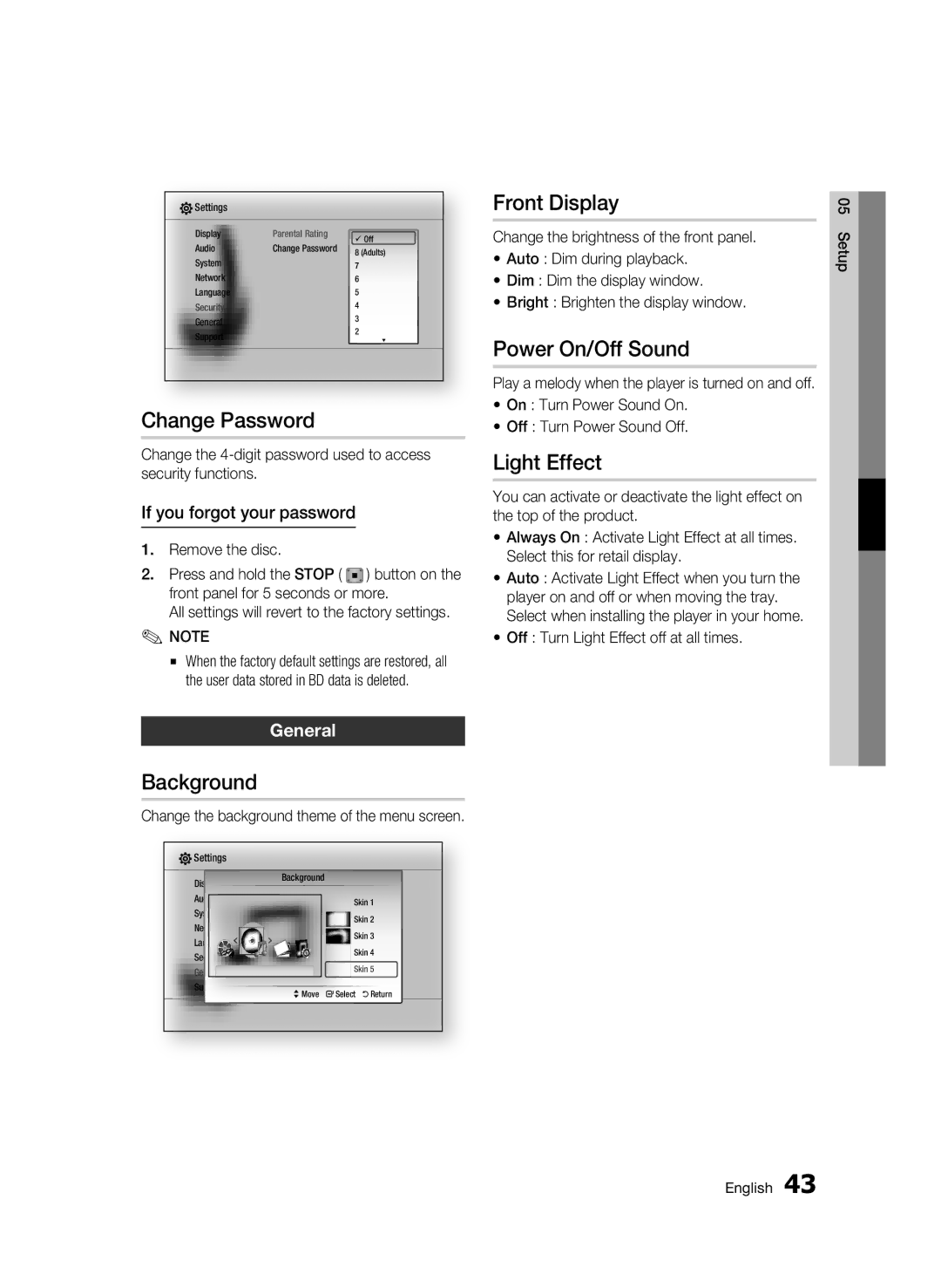 Samsung 01945B-BD-C6900-XAC-0223 user manual Change Password, Background, Front Display, Power On/Off Sound, Light Effect 