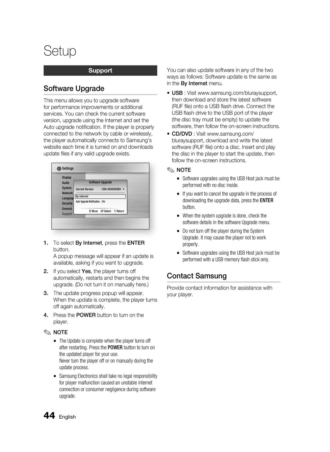 Samsung 01945B-BD-C6900-XAC-0223 Software Upgrade, Contact Samsung, Support, To select By Internet, press the Enter button 