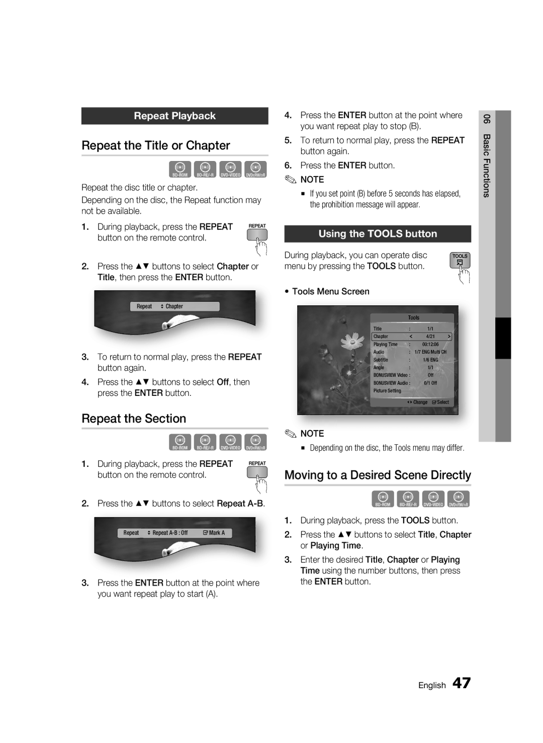 Samsung 01945B-BD-C6900-XAC-0223 Repeat the Title or Chapter, Repeat the Section, Moving to a Desired Scene Directly 