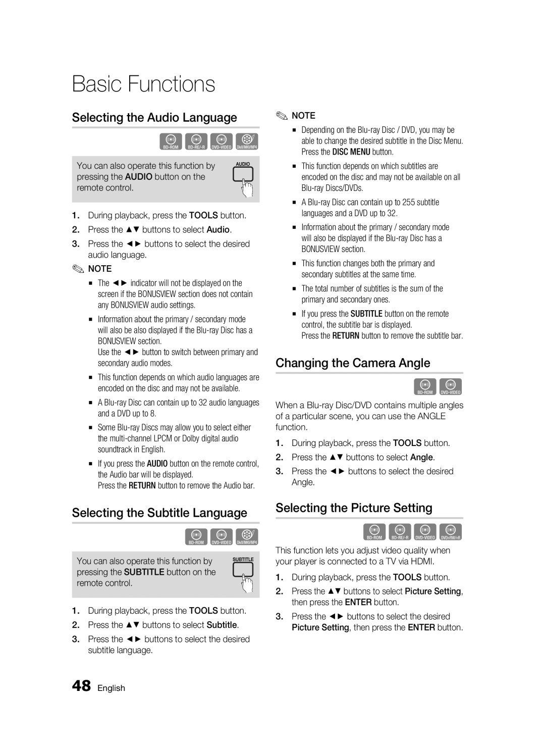 Samsung 01945B-BD-C6900-XAC-0223 Selecting the Audio Language, Changing the Camera Angle, Selecting the Subtitle Language 