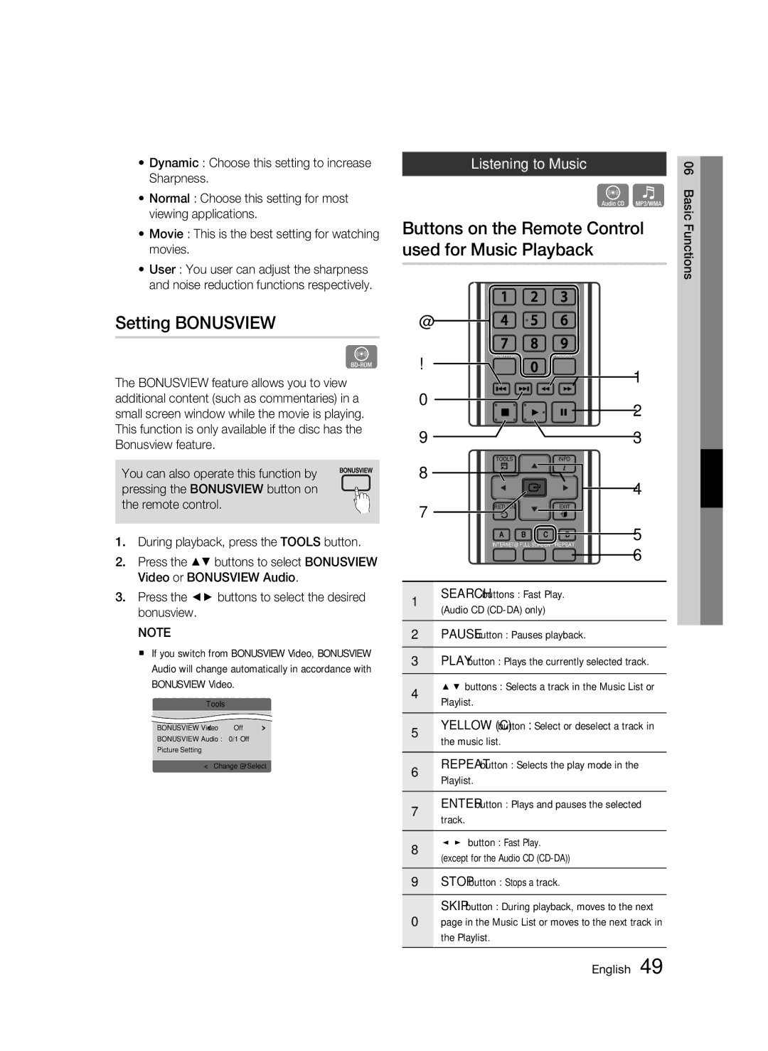 Samsung 01945B-BD-C6900-XAC-0223 user manual Buttons on the Remote Control used for Music Playback, Setting Bonusview 