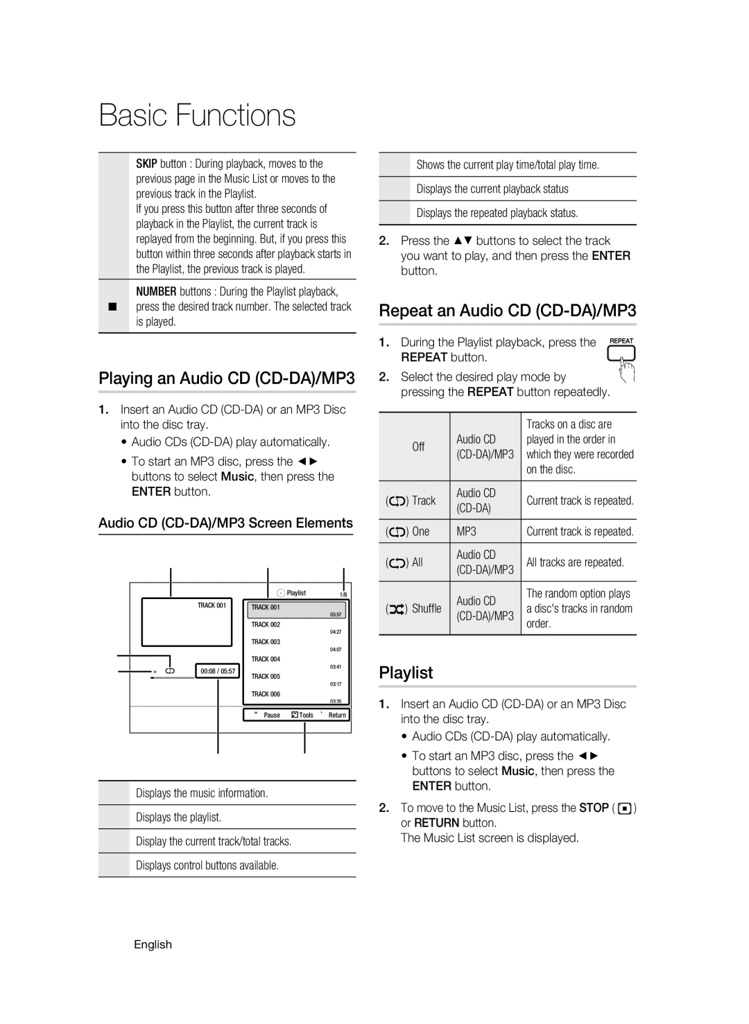 Samsung 01945B-BD-C6900-XAC-0223 user manual Playing an Audio CD CD-DA/MP3, Repeat an Audio CD CD-DA/MP3, Playlist 