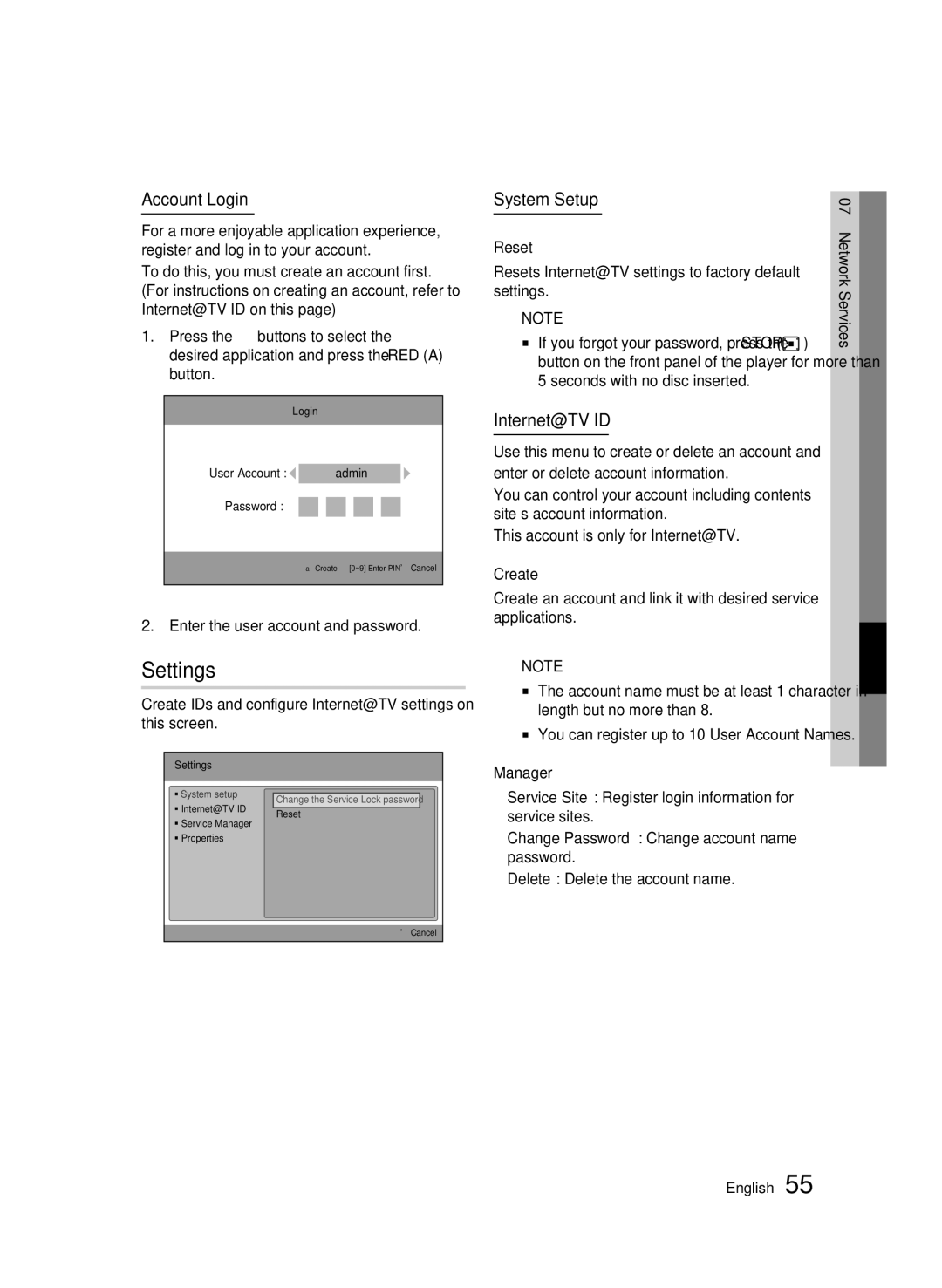 Samsung 01945B-BD-C6900-XAC-0223 user manual Settings, Account Login, System Setup, Internet@TV ID 