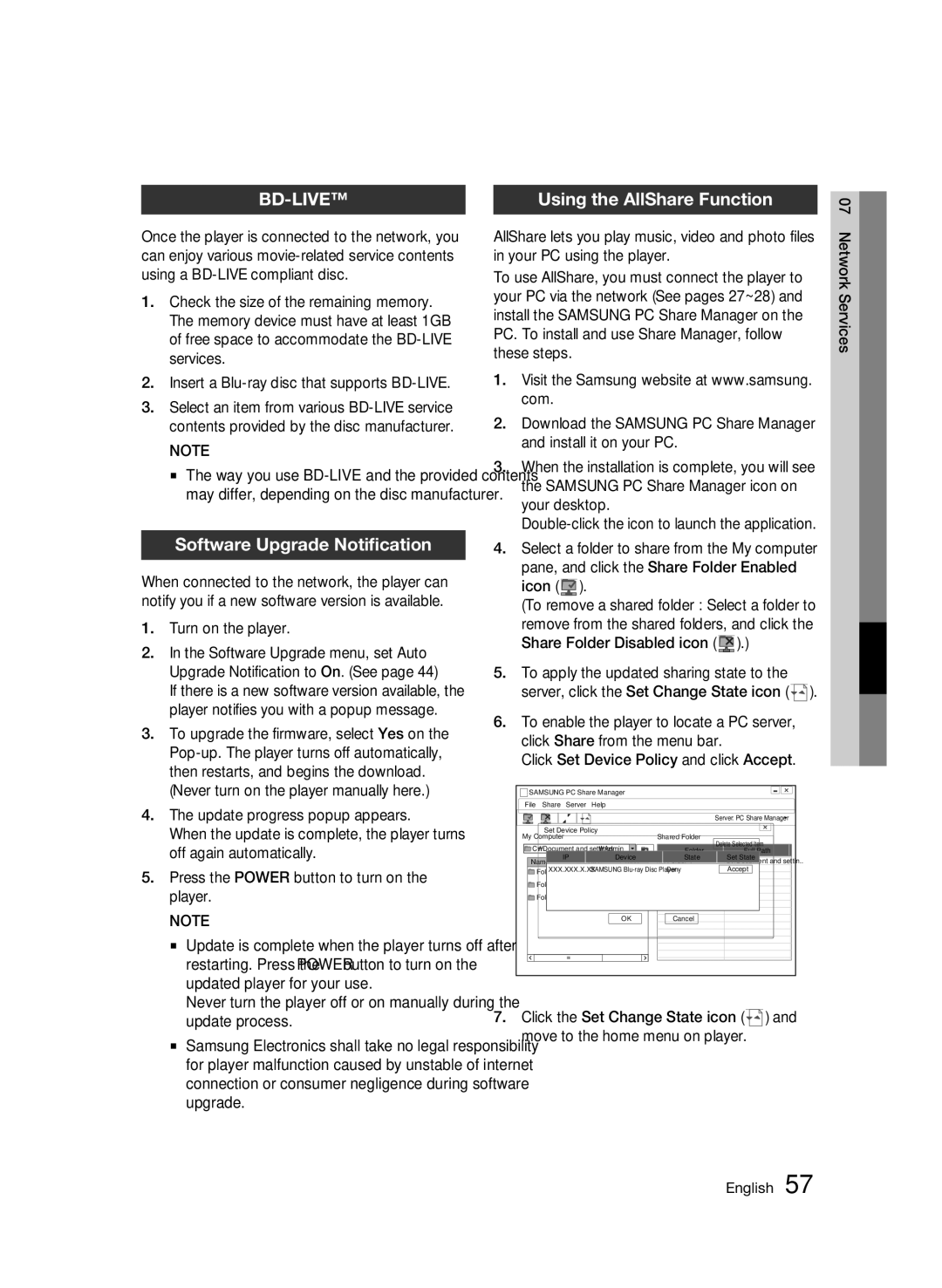 Samsung 01945B-BD-C6900-XAC-0223 user manual Software Upgrade Notification, Using the AllShare Function, Turn on the player 