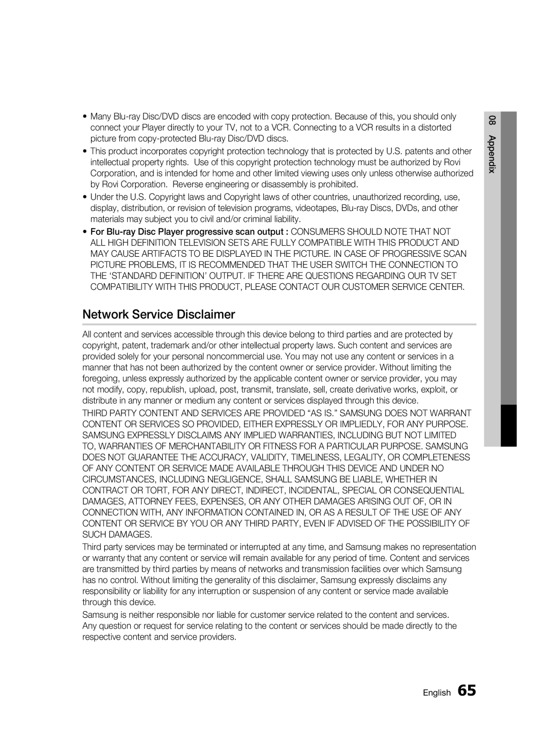 Samsung 01945B-BD-C6900-XAC-0223 user manual Network Service Disclaimer 