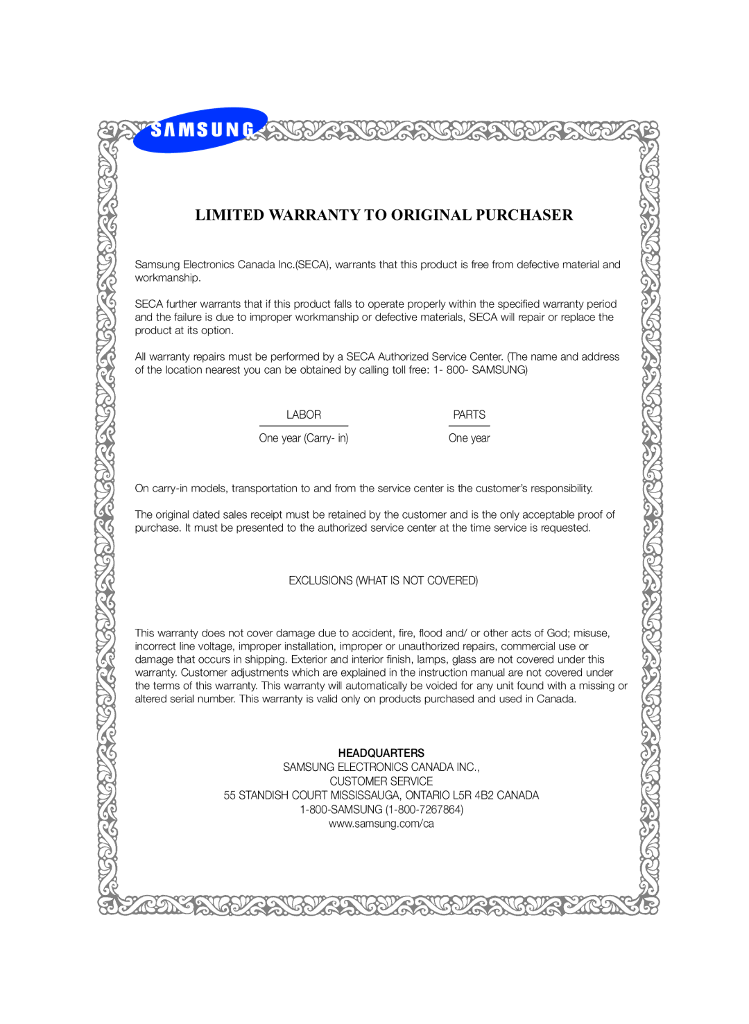 Samsung 01945B-BD-C6900-XAC-0223 user manual Limited Warranty to Original Purchaser 