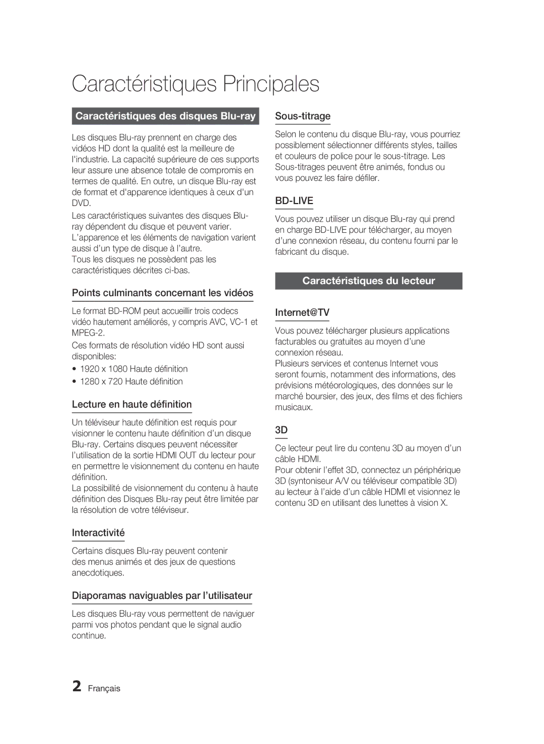 Samsung 01945B-BD-C6900-XAC-0223 user manual Caractéristiques Principales, Caractéristiques des disques Blu-ray 