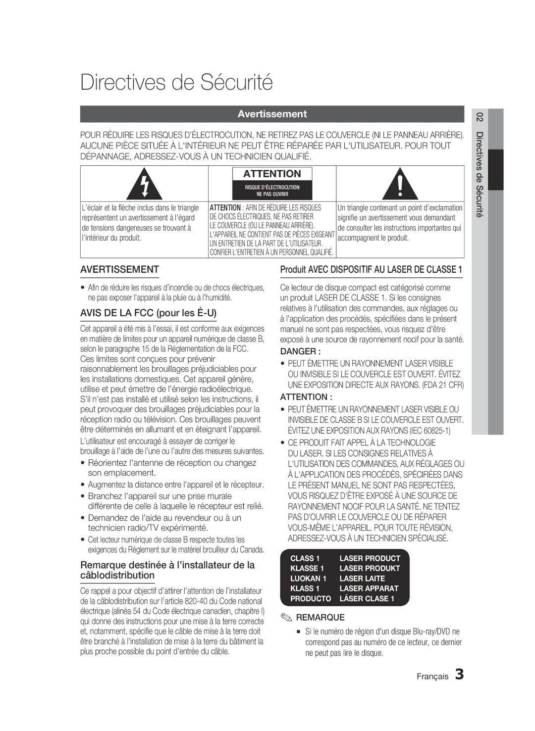 Samsung 01945B-BD-C6900-XAC-0223 user manual Directives de Sécurité, Avertissement, Avis DE LA FCC pour les É-U, Remarque 