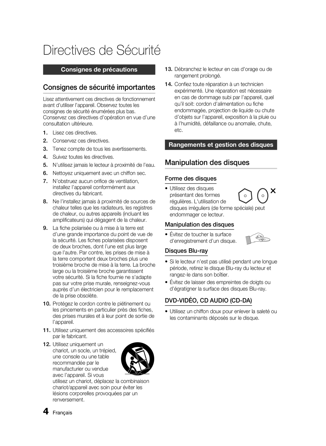 Samsung 01945B-BD-C6900-XAC-0223 Consignes de sécurité importantes, Manipulation des disques, Consignes de précautions 